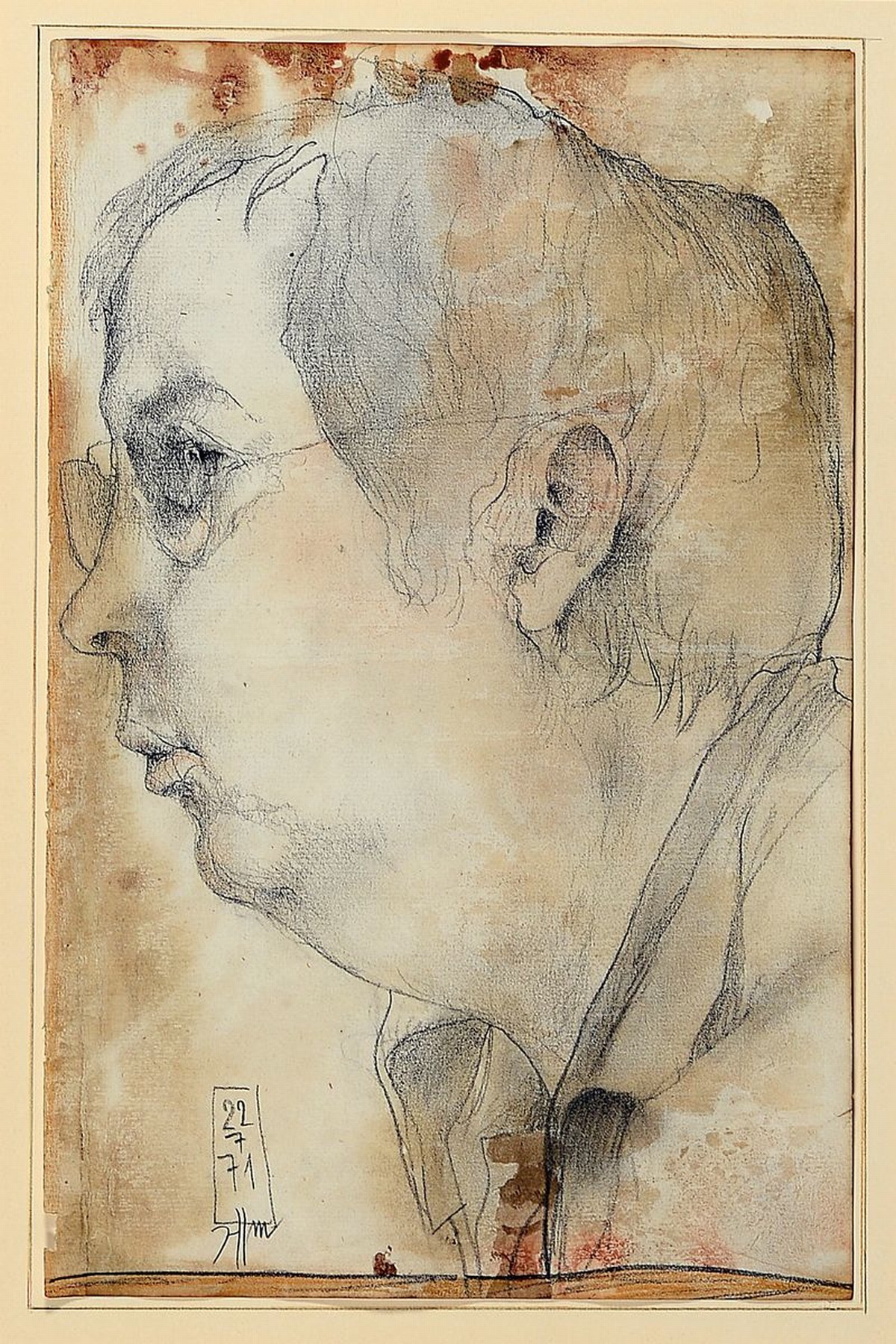 Horst Janssen, 1929 - 1995, "Selbstporträt", Farbstift, Bleistift auf Papier, handsigniert "22 7 71", ca. 33 x 21 cm, unter ...