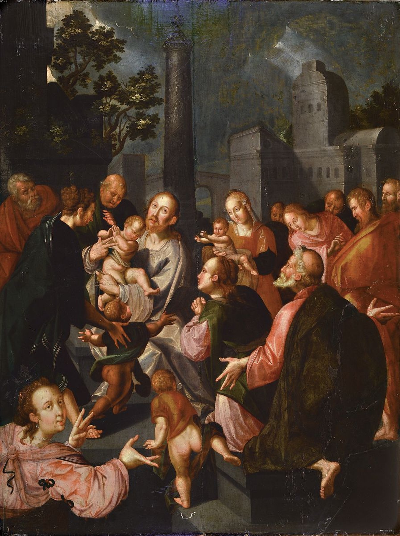 Unbekannter Künstler: Tafelbild, 17.Jh., Sujet nach dem Vorbild Lucas Cranachs d.Ä., Christus segnet die Kinder, nach Mk 10, 13- 16, verbildlicht ...