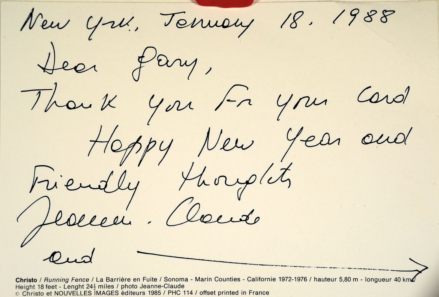 Detail a: Christo, 1935 - 2020, Multiple/Autograph, Jean Claude und Christo, handsignierte Kunstpostkarte an Gary Sandman, selten handgeschriebene Postkarte ...