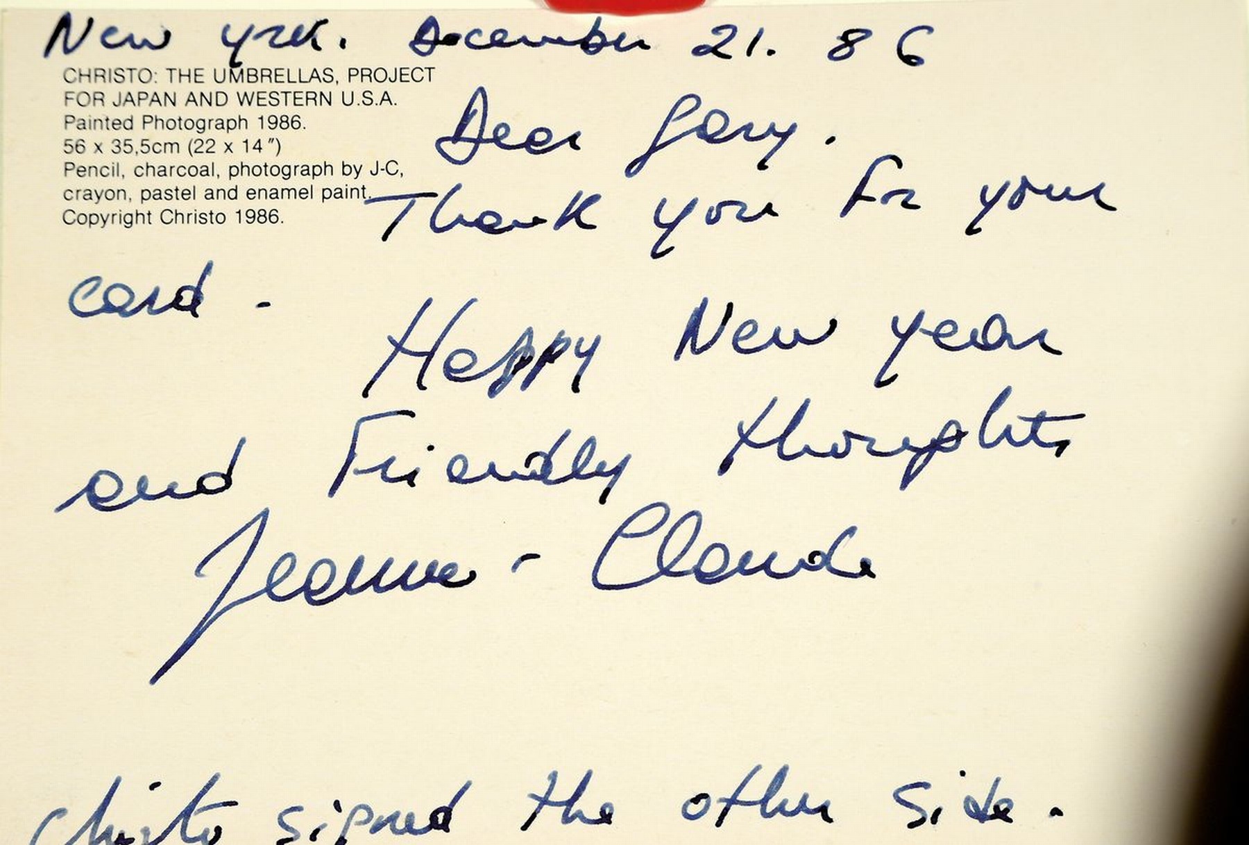 Detail a: Christo, 1935 - 2020, Multiple/Autograph, Jeanne Claude und Christo handsignierte Kunstpostkarte an Gary Sandman, selten handgeschriebene Postkarte ...