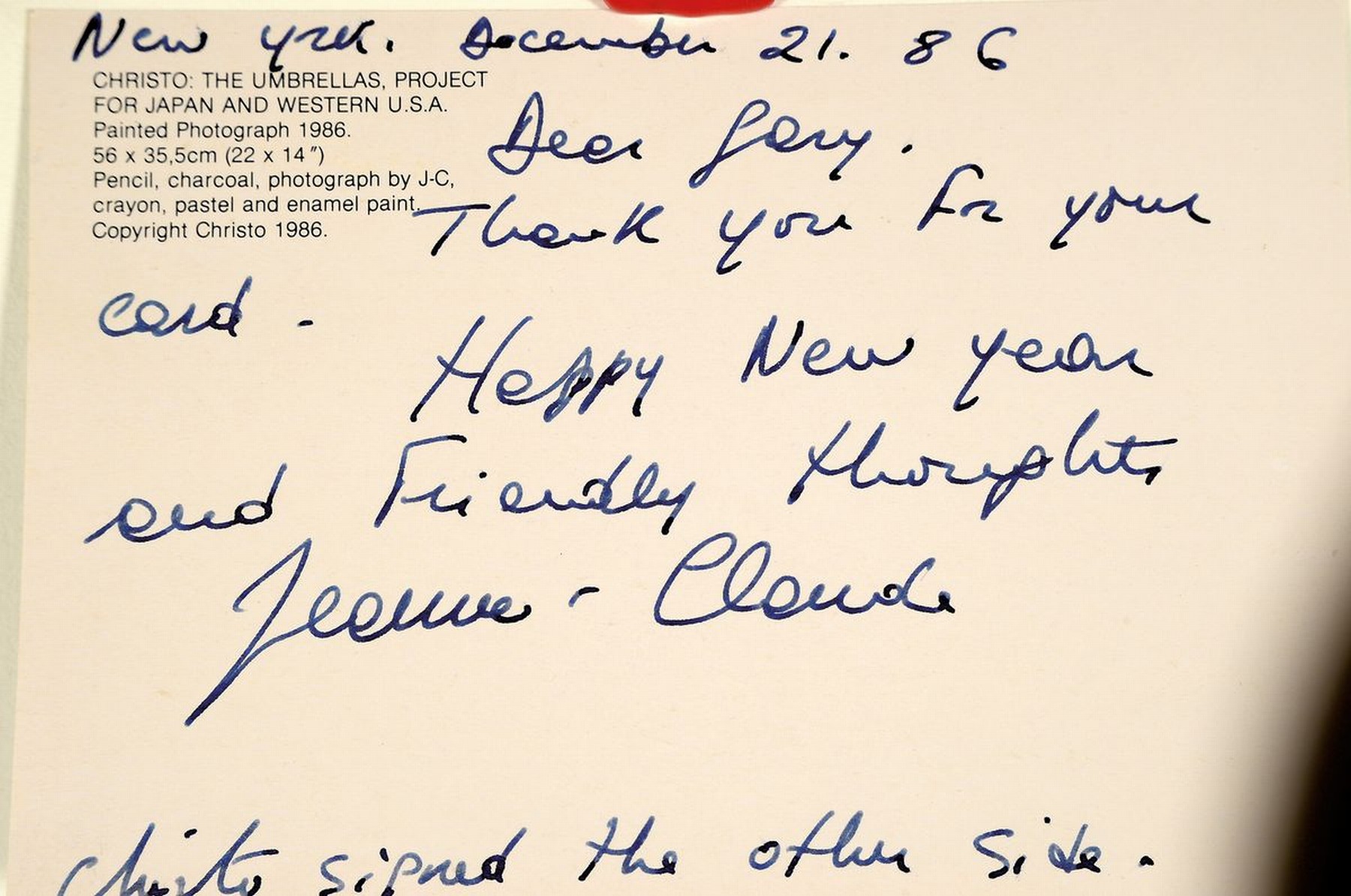 Detail l: Christo, 1935 - 2020, Multiple/Autograph, Jeanne Claude und Christo handsignierte Kunstpostkarte an Gary Sandman, selten handgeschriebene Postkarte ...