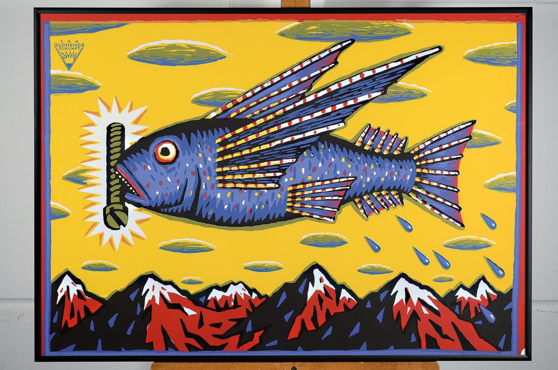 Detail k: Henning Wagenbreth, geb. 1962, glühende Zukunft, Farbserigraphie auf dickem Karton, handsigniert, num. 32/35, unter Glas, Rahmen ca. 63 x 87 cm