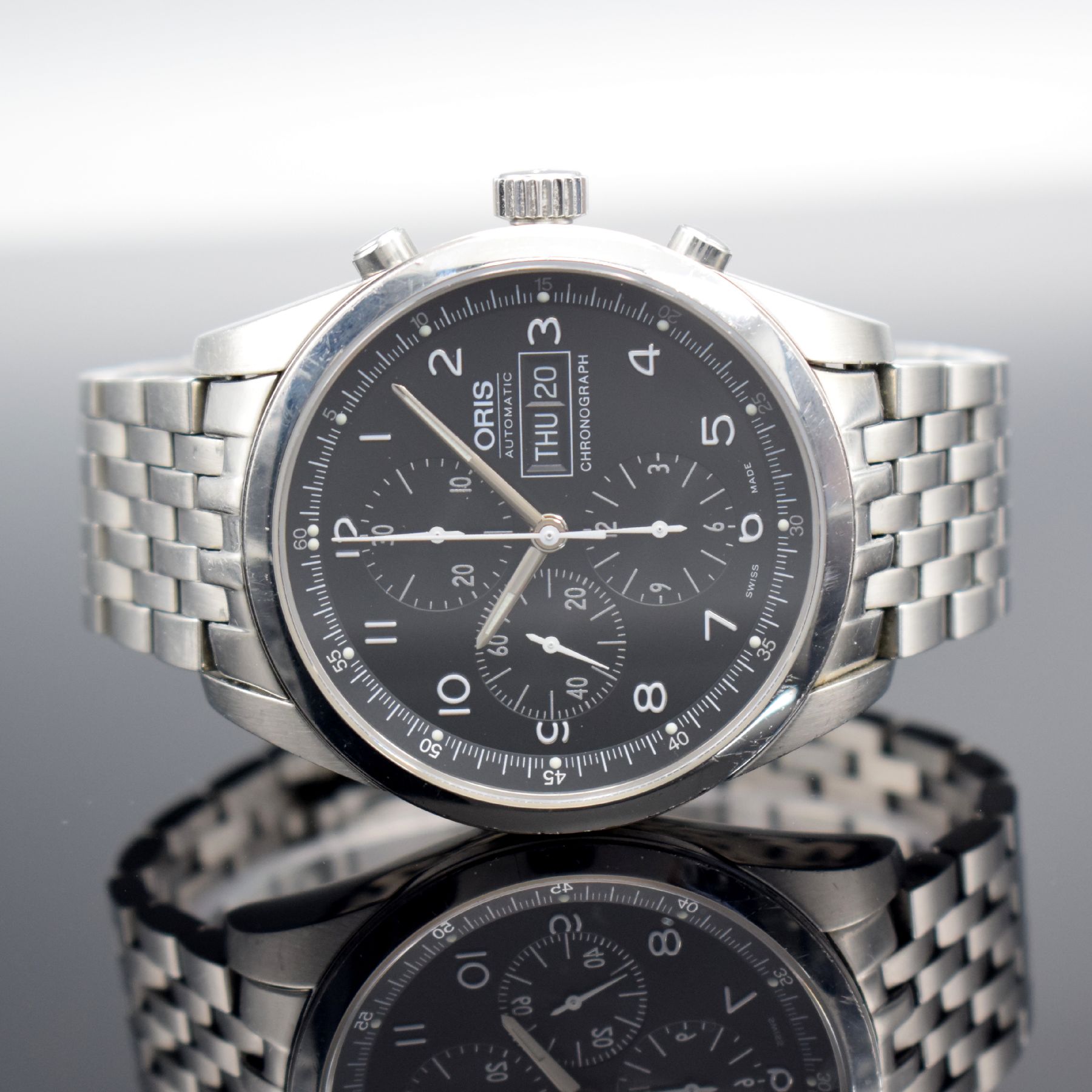 ORIS Classic XXL Herrenarmbanduhr mit Chronograph in Stahl Referenz 7515, Schweiz um 2005, Automatik, beids. vergl. Geh., vorne Saphirglas, Boden ...