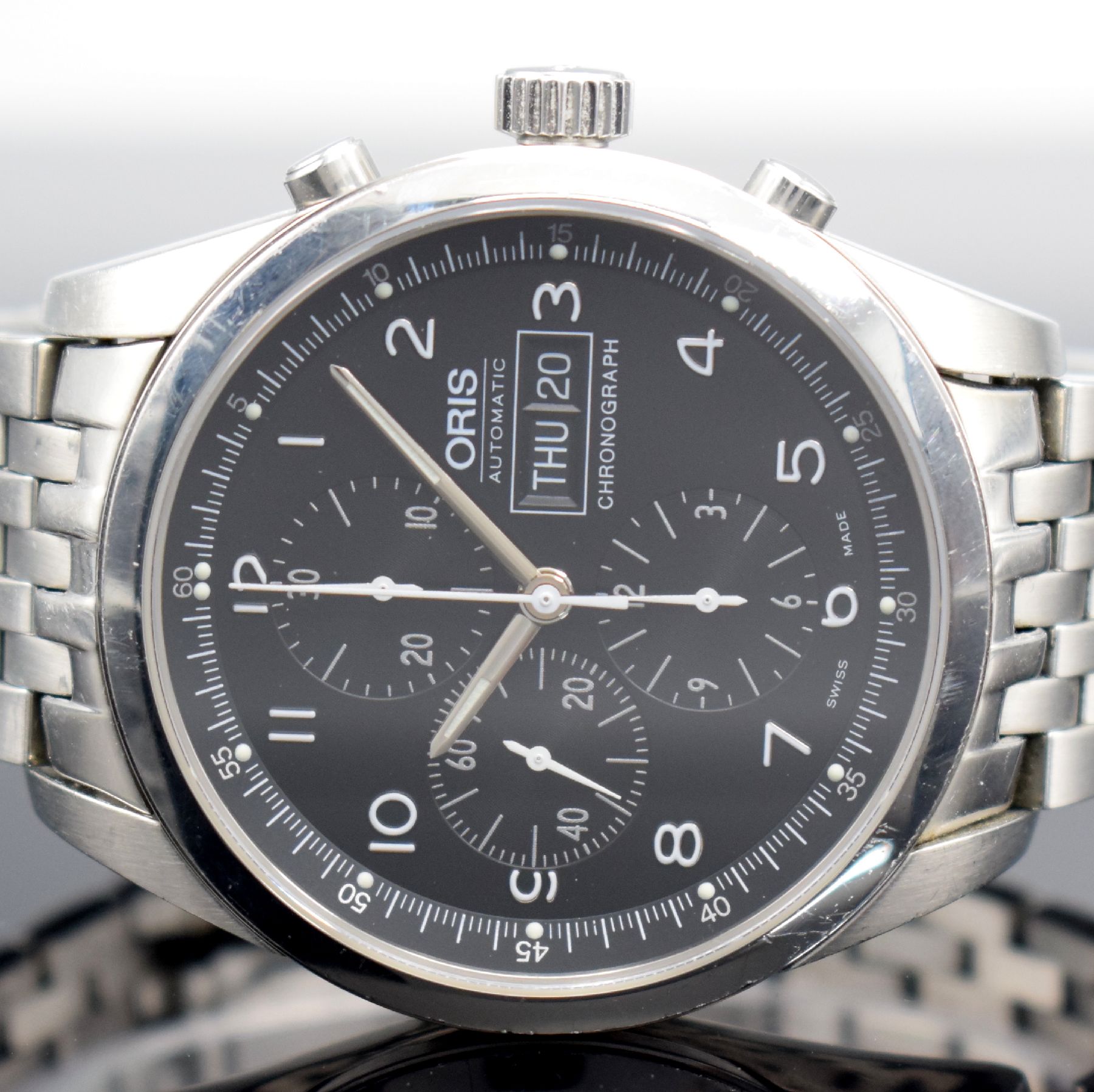 Detail a: ORIS Classic XXL Herrenarmbanduhr mit Chronograph in Stahl Referenz 7515, Schweiz um 2005, Automatik, beids. vergl. Geh., vorne Saphirglas, Boden ...