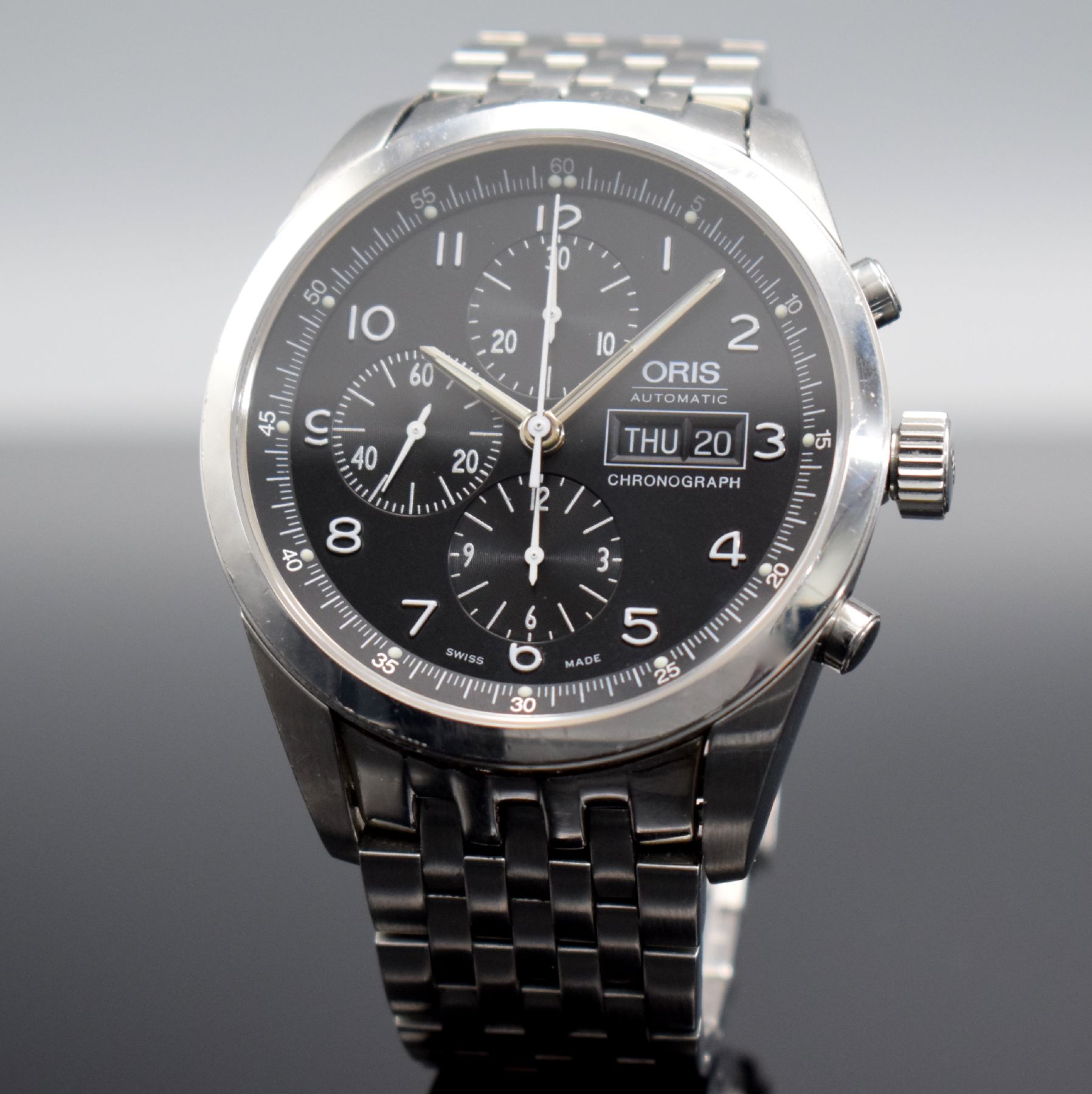 Detail b: ORIS Classic XXL Herrenarmbanduhr mit Chronograph in Stahl Referenz 7515, Schweiz um 2005, Automatik, beids. vergl. Geh., vorne Saphirglas, Boden ...
