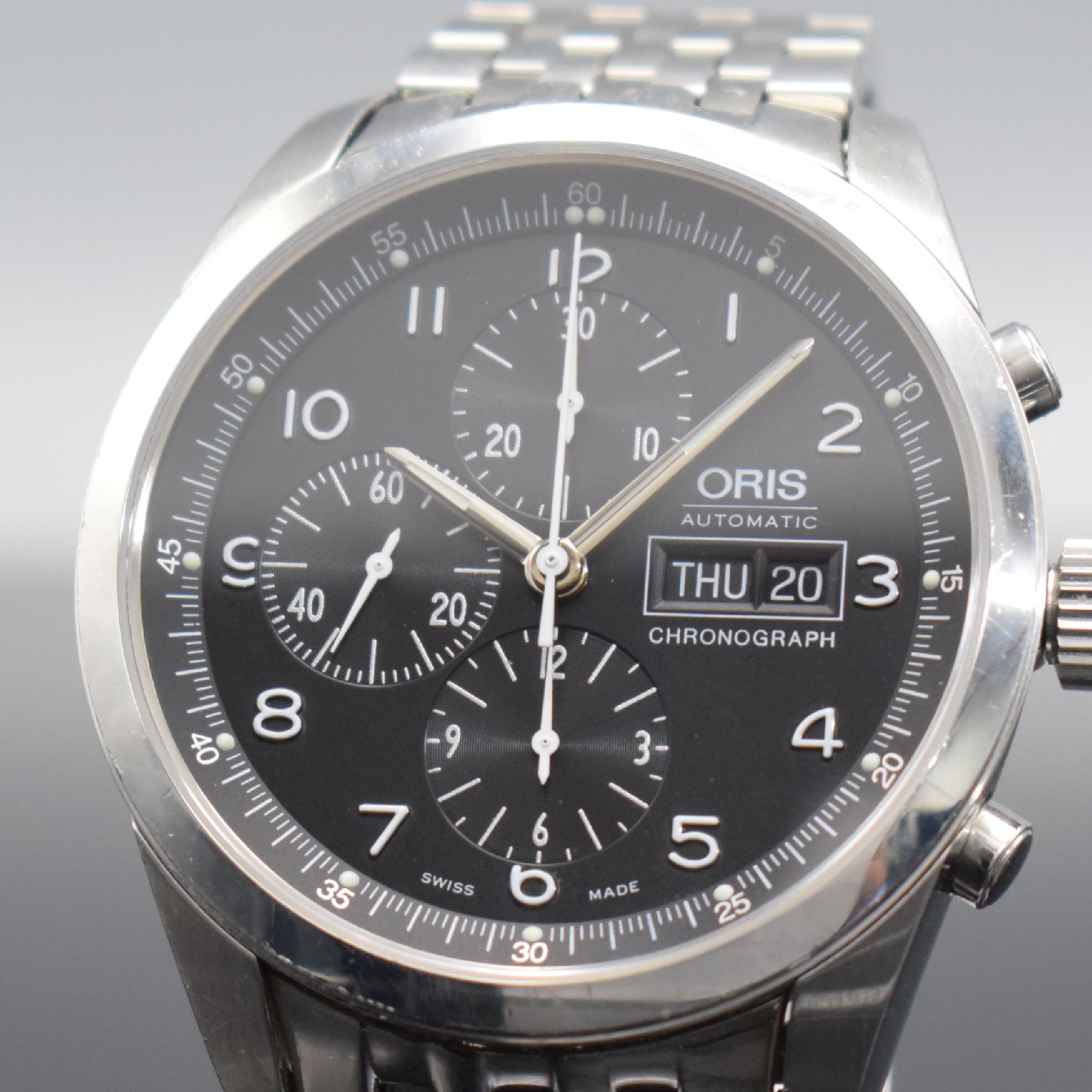Detail c: ORIS Classic XXL Herrenarmbanduhr mit Chronograph in Stahl Referenz 7515, Schweiz um 2005, Automatik, beids. vergl. Geh., vorne Saphirglas, Boden ...