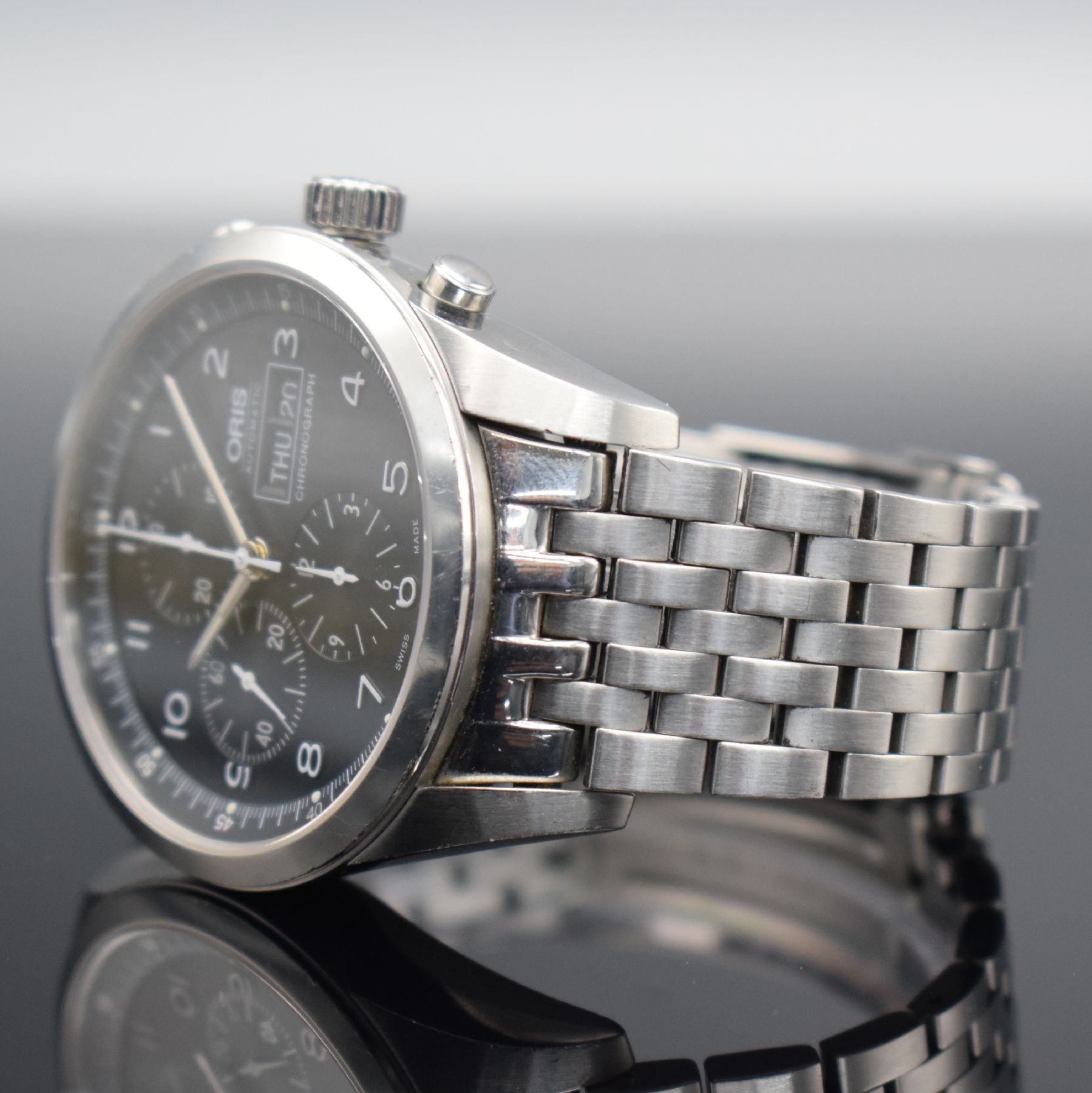 Detail d: ORIS Classic XXL Herrenarmbanduhr mit Chronograph in Stahl Referenz 7515, Schweiz um 2005, Automatik, beids. vergl. Geh., vorne Saphirglas, Boden ...