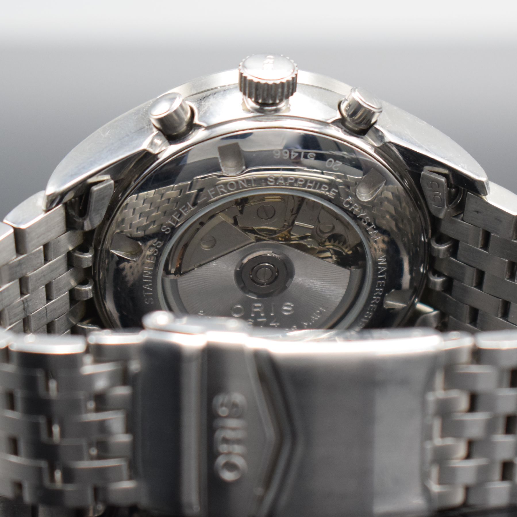 Detail e: ORIS Classic XXL Herrenarmbanduhr mit Chronograph in Stahl Referenz 7515, Schweiz um 2005, Automatik, beids. vergl. Geh., vorne Saphirglas, Boden ...