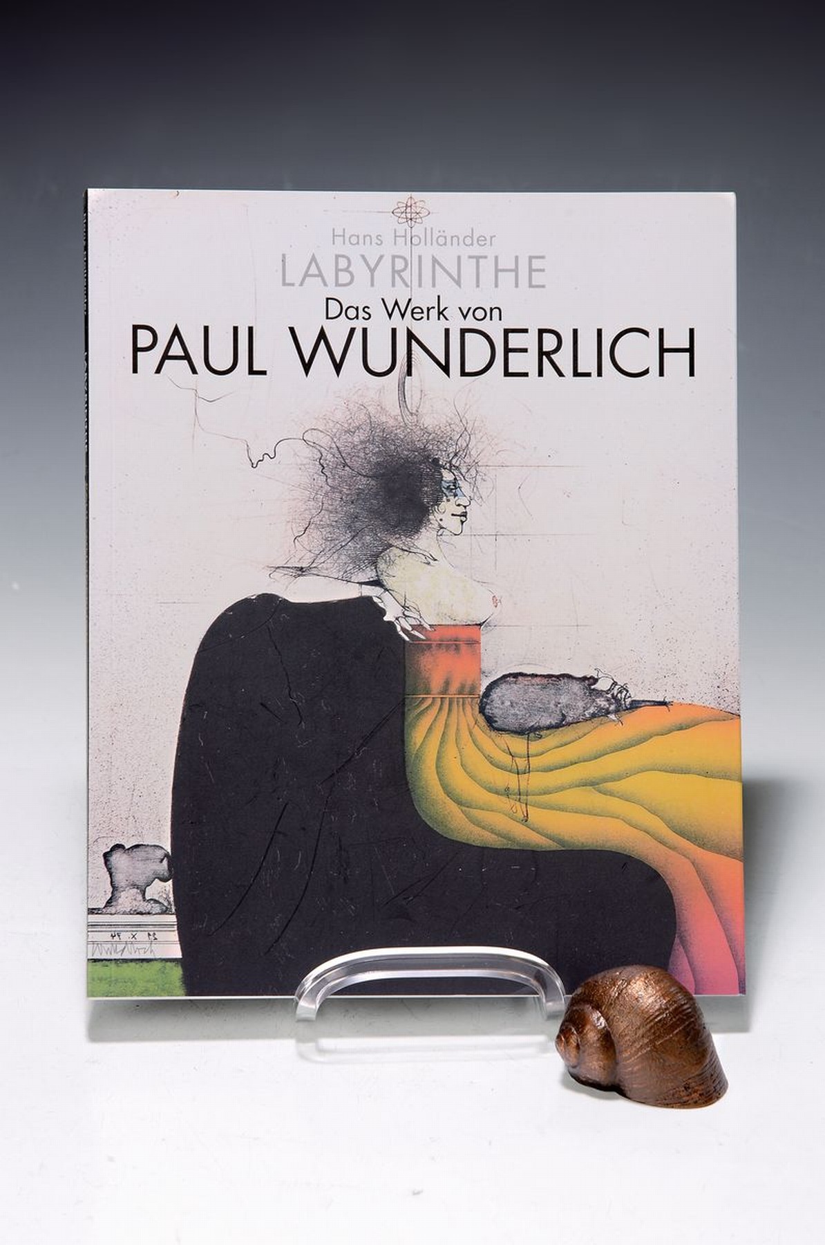 Paul Wunderlich, 1927-2010, Bronzeskulptur Schneckenhaus mit Buch Labyrinth, Skulptur ca. 5x3 cm