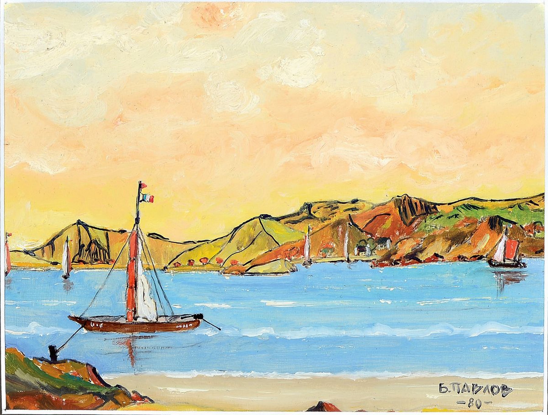Boris Pavlov, 1928-2005, "Golf von Lion kleine Bucht an der Küste", Öl/Karton, verso bezeichnet mit Nachlassnummer 36-2718, signiert in ...
