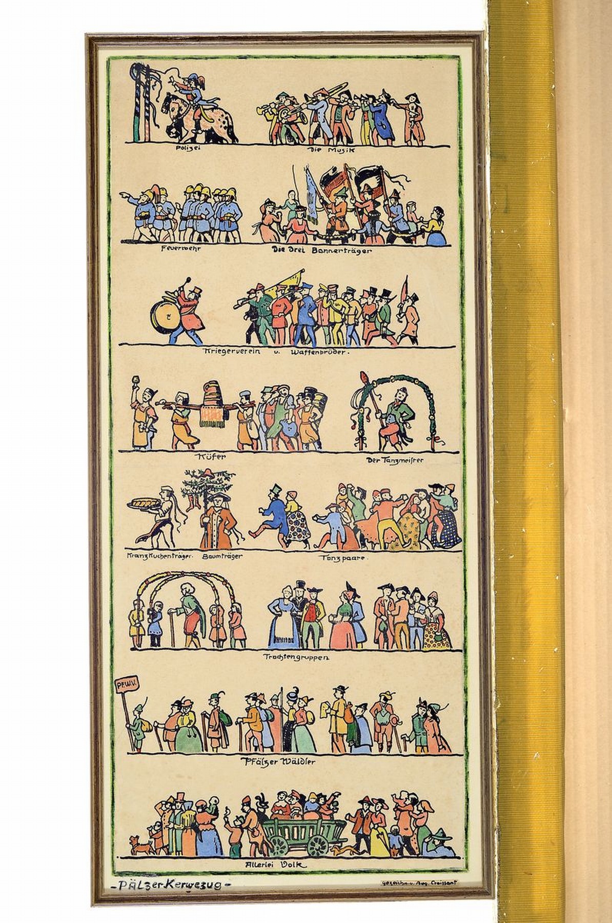 Detail k: August Croissant, 1870 Landau-1941 Edenkoben, "Pälzer Kerwezug", kolorierte Lithographie, humoristische Darstellung eines Pfälzer ...