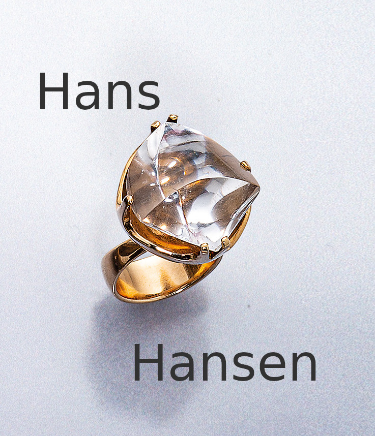 HANS HANSEN 14 kt Gold Designerring mit Bergkristall, Dänemark um 1960/70er Jahre, GG 585/000, hoch aufgebauter Ringkopf in Form einer anged. ...