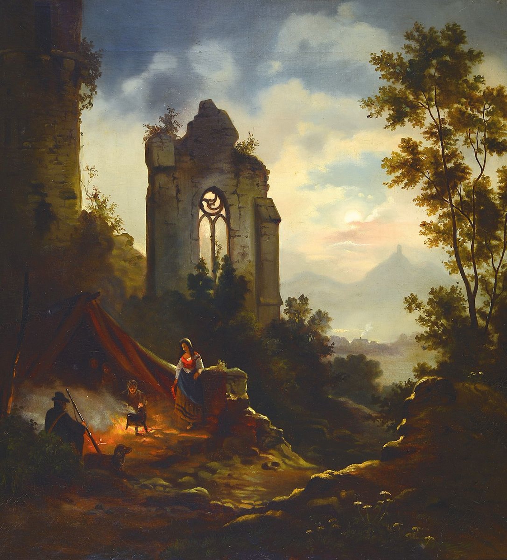 Unbekannter Maler in der Tradition der Romantik, deutsch, um 1850/60, Ruinenlandschaft gibt den Blick auf ein Vollmond beschienenes Tal mit Dorf und ...