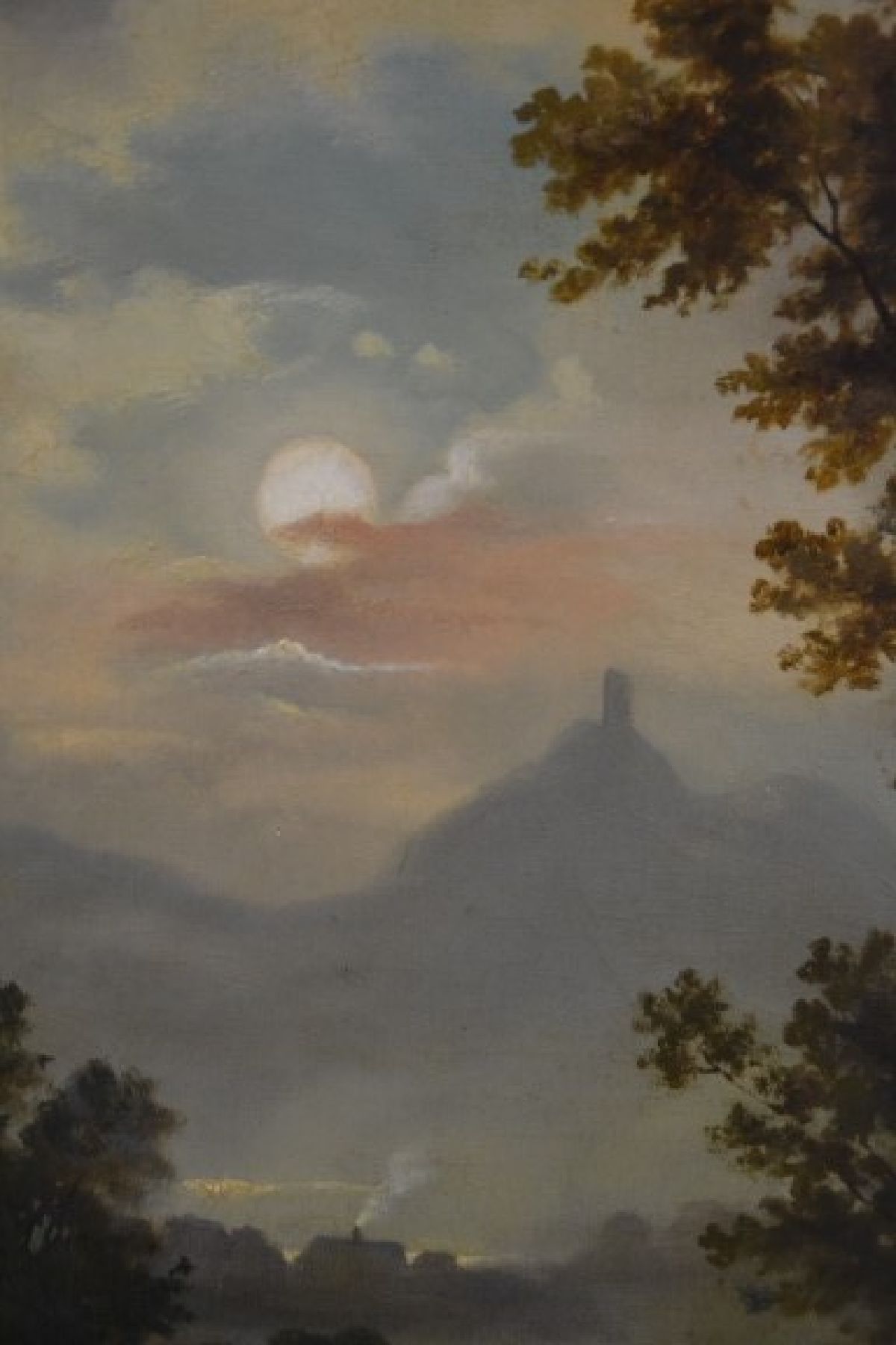 Detail c: Unbekannter Maler in der Tradition der Romantik, deutsch, um 1850/60, Ruinenlandschaft gibt den Blick auf ein Vollmond beschienenes Tal mit Dorf und ...