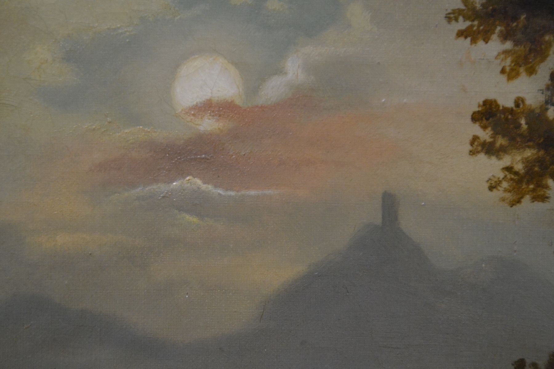 Detail d: Unbekannter Maler in der Tradition der Romantik, deutsch, um 1850/60, Ruinenlandschaft gibt den Blick auf ein Vollmond beschienenes Tal mit Dorf und ...