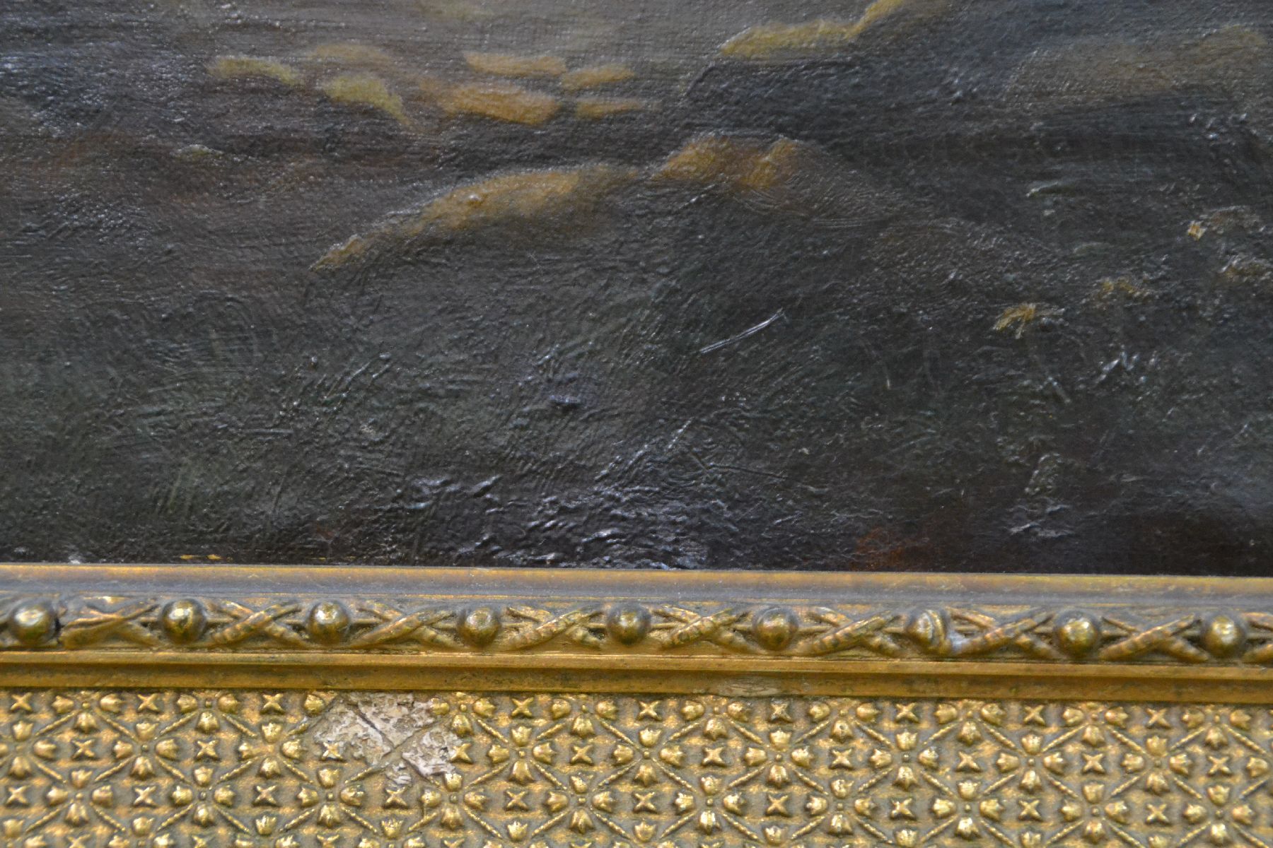 Detail e: Unbekannter Maler in der Tradition der Romantik, deutsch, um 1850/60, Ruinenlandschaft gibt den Blick auf ein Vollmond beschienenes Tal mit Dorf und ...