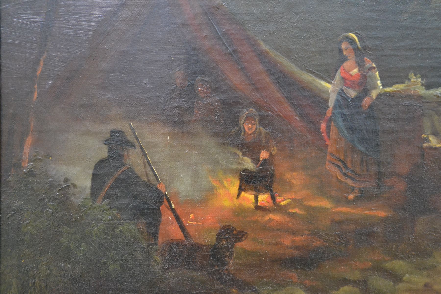 Detail f: Unbekannter Maler in der Tradition der Romantik, deutsch, um 1850/60, Ruinenlandschaft gibt den Blick auf ein Vollmond beschienenes Tal mit Dorf und ...