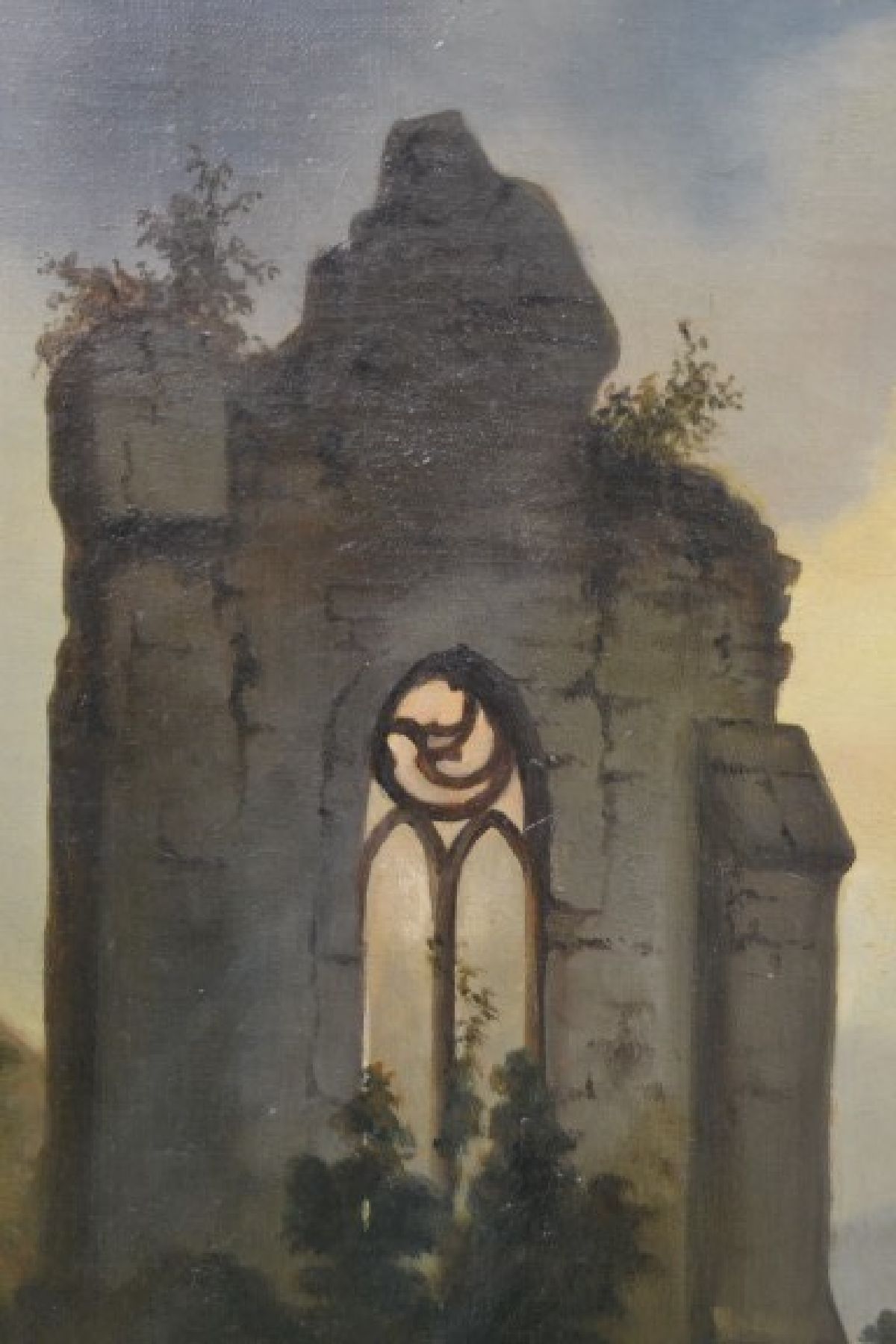 Detail h: Unbekannter Maler in der Tradition der Romantik, deutsch, um 1850/60, Ruinenlandschaft gibt den Blick auf ein Vollmond beschienenes Tal mit Dorf und ...