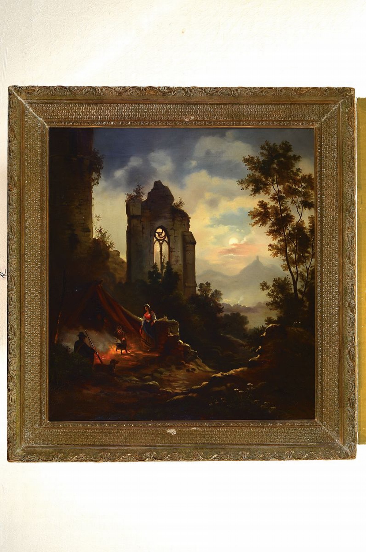 Detail k: Unbekannter Maler in der Tradition der Romantik, deutsch, um 1850/60, Ruinenlandschaft gibt den Blick auf ein Vollmond beschienenes Tal mit Dorf und ...