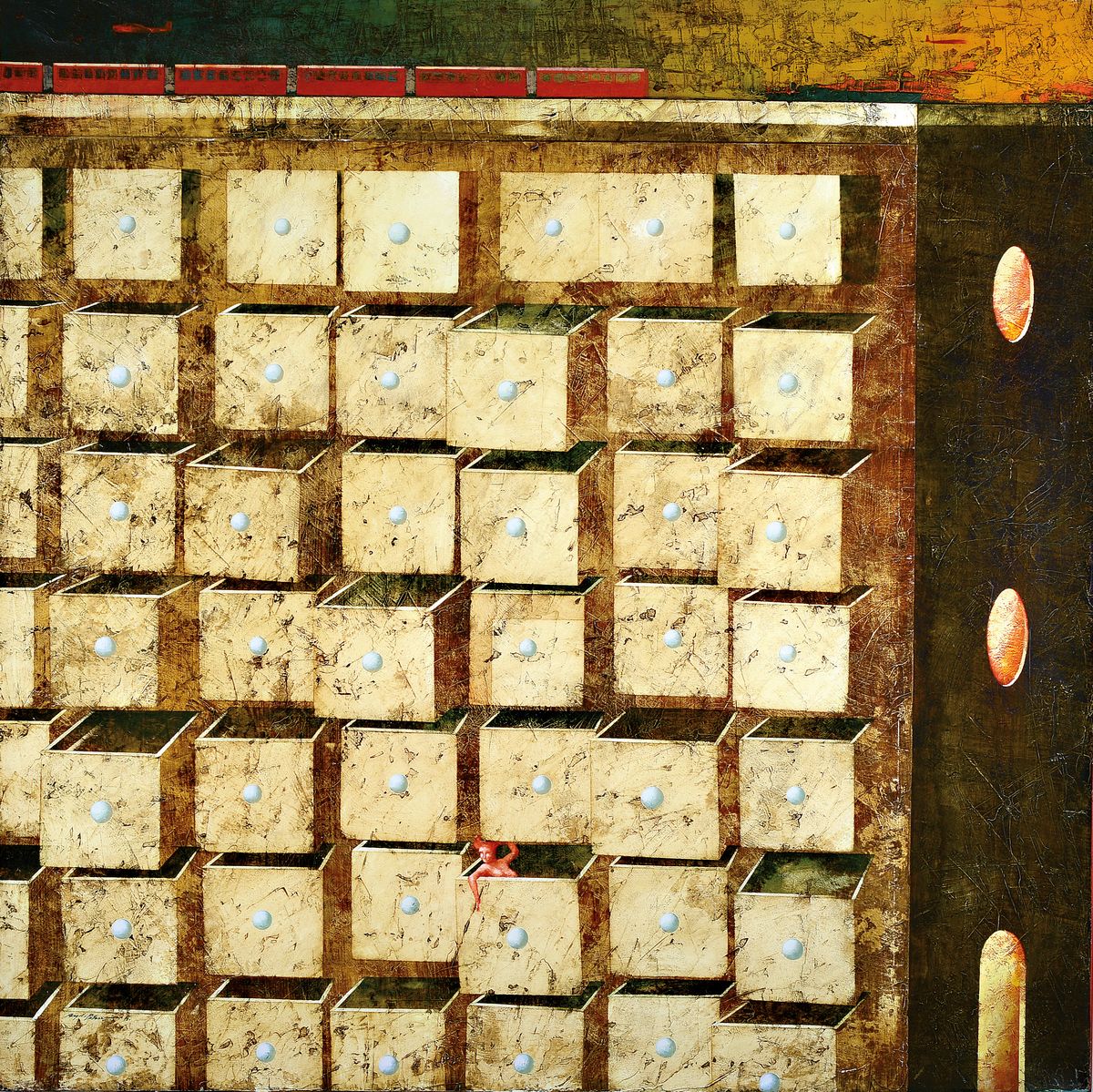 Angelo Palazzini, geb. 1953 Casalpusterlengo/Italien, Cassetti con paesaggio al tramonto, surrealistische Komposition in der Tradition der ...