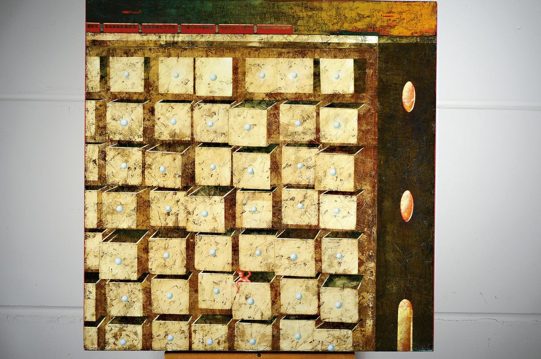 Detail k: Angelo Palazzini, geb. 1953 Casalpusterlengo/Italien, Cassetti con paesaggio al tramonto, surrealistische Komposition in der Tradition der ...