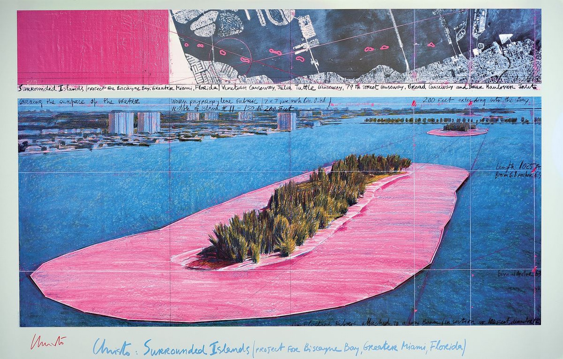 Christo, 1935 Gabrovo-2020 New York City, "Surrounded Islands", Kunstdruck auf glattem Karton, mit Rotstift handsign., unter Plexiglas ...