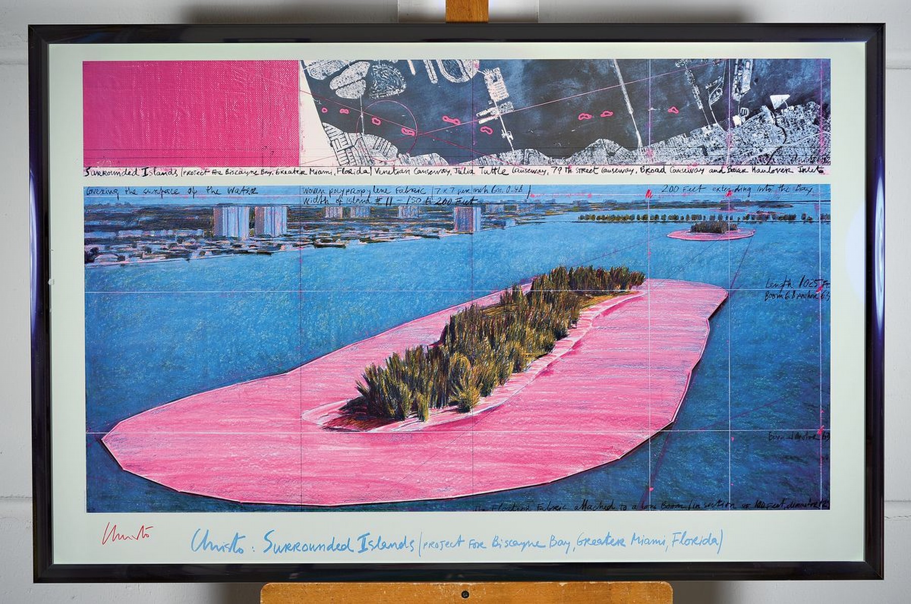 Detail k: Christo, 1935 Gabrovo-2020 New York City, "Surrounded Islands", Kunstdruck auf glattem Karton, mit Rotstift handsign., unter Plexiglas ...