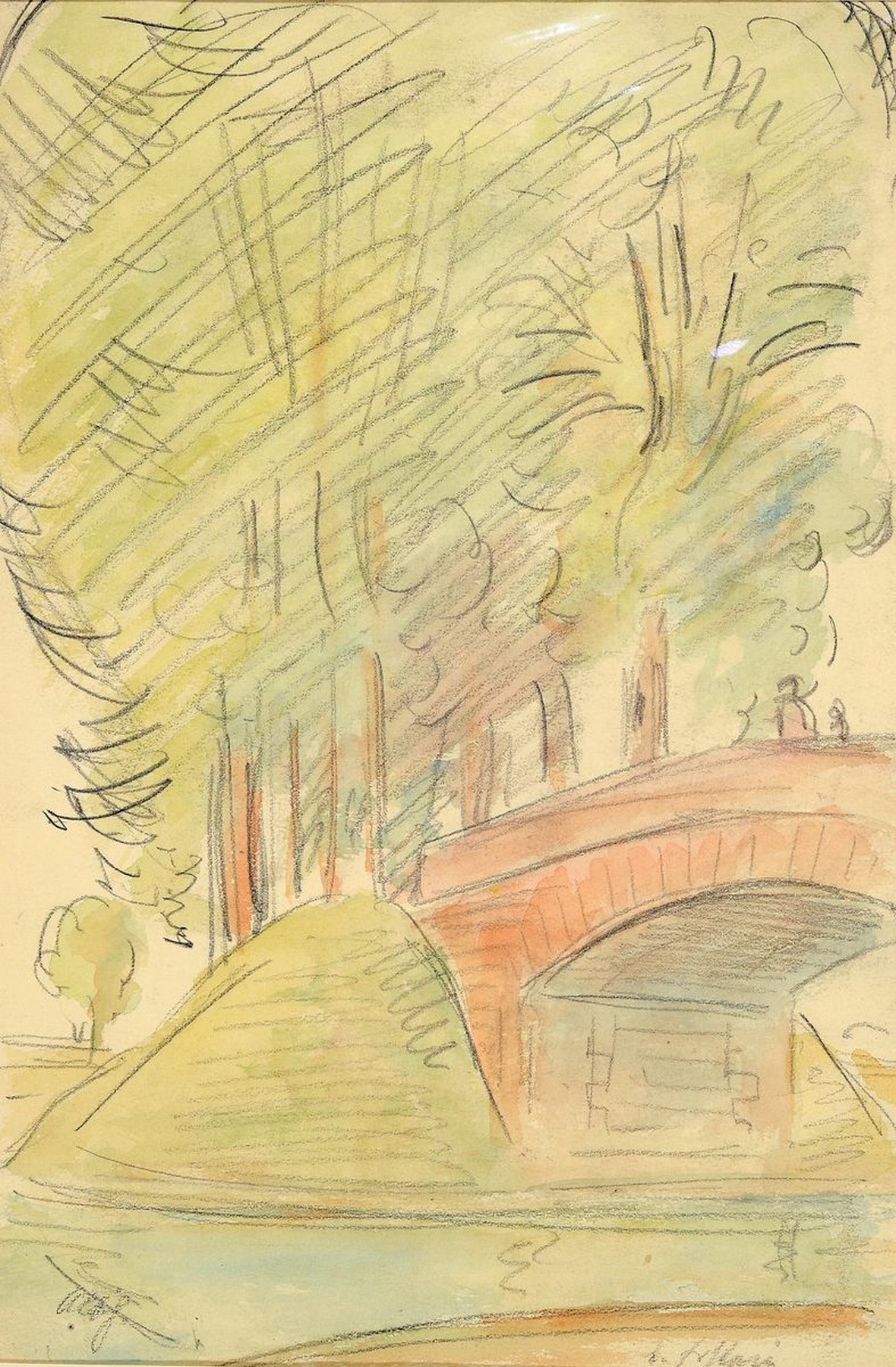 Albert Haueisen, 1872 Stuttgart-1954 Kandel, Brücke im Park, Aquarell über Bleistift, signiert, ca. 25x16.5cm