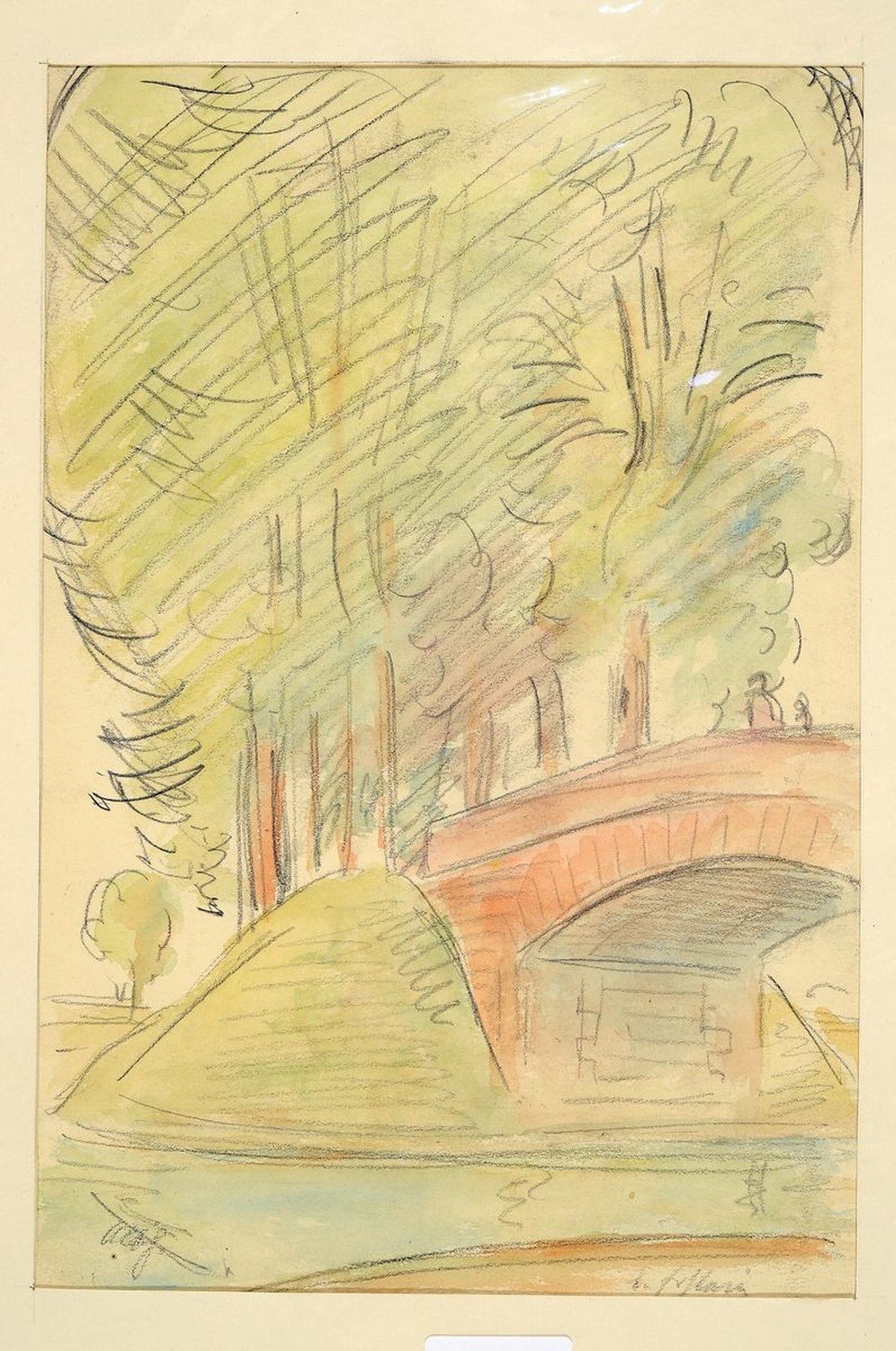Detail k: Albert Haueisen, 1872 Stuttgart-1954 Kandel, Brücke im Park, Aquarell über Bleistift, signiert, ca. 25x16.5cm