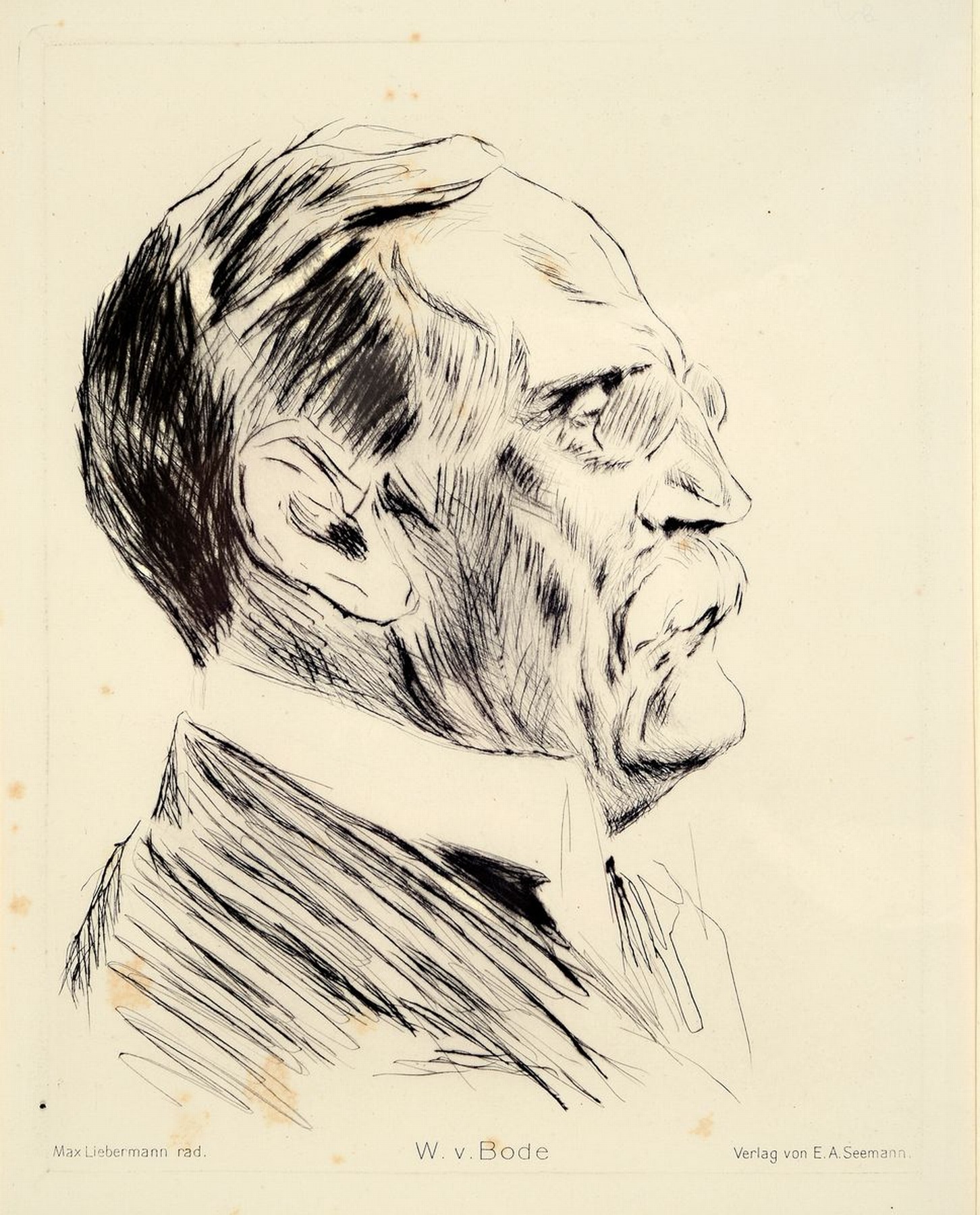 Detail a: Max Liebermann, 1847-1935 Berlin, 2 Grafiken: Profilporträt W. v. Bode, Radierung, Verlag Seemann, stockfleckig , ca. 23x18cm; Wache haltender ...