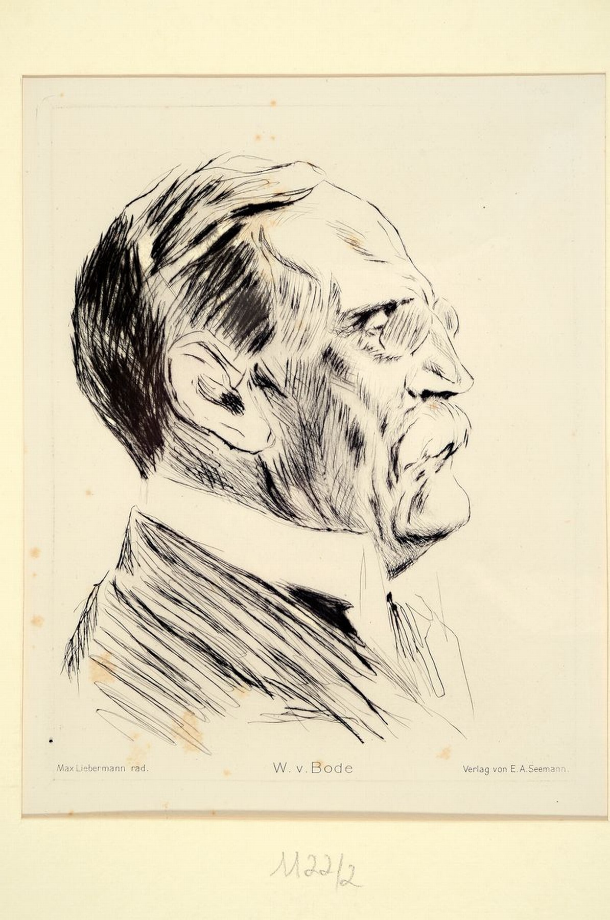 Detail l: Max Liebermann, 1847-1935 Berlin, 2 Grafiken: Profilporträt W. v. Bode, Radierung, Verlag Seemann, stockfleckig , ca. 23x18cm; Wache haltender ...