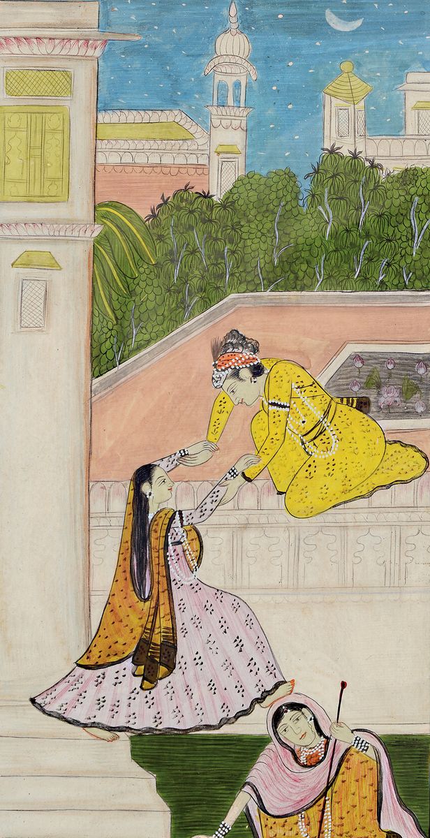 2 Buchmalereien, indo-persisch, 19. Jh., Gouache auf Papier, 1x Palastszene, ca. 26x15 cm, 1x zwei erotische Darstellungen, gebräunt, fleckig, ca. ...