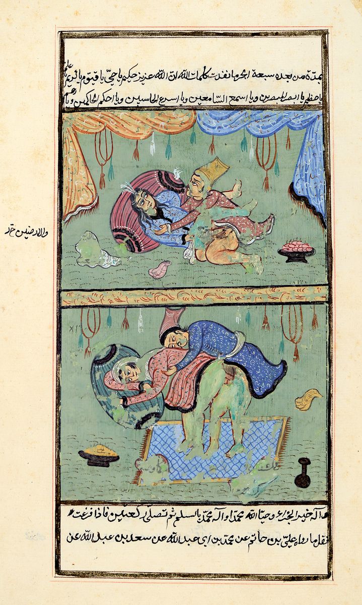 Detail a: 2 Buchmalereien, indo-persisch, 19. Jh., Gouache auf Papier, 1x Palastszene, ca. 26x15 cm, 1x zwei erotische Darstellungen, gebräunt, fleckig, ca. ...