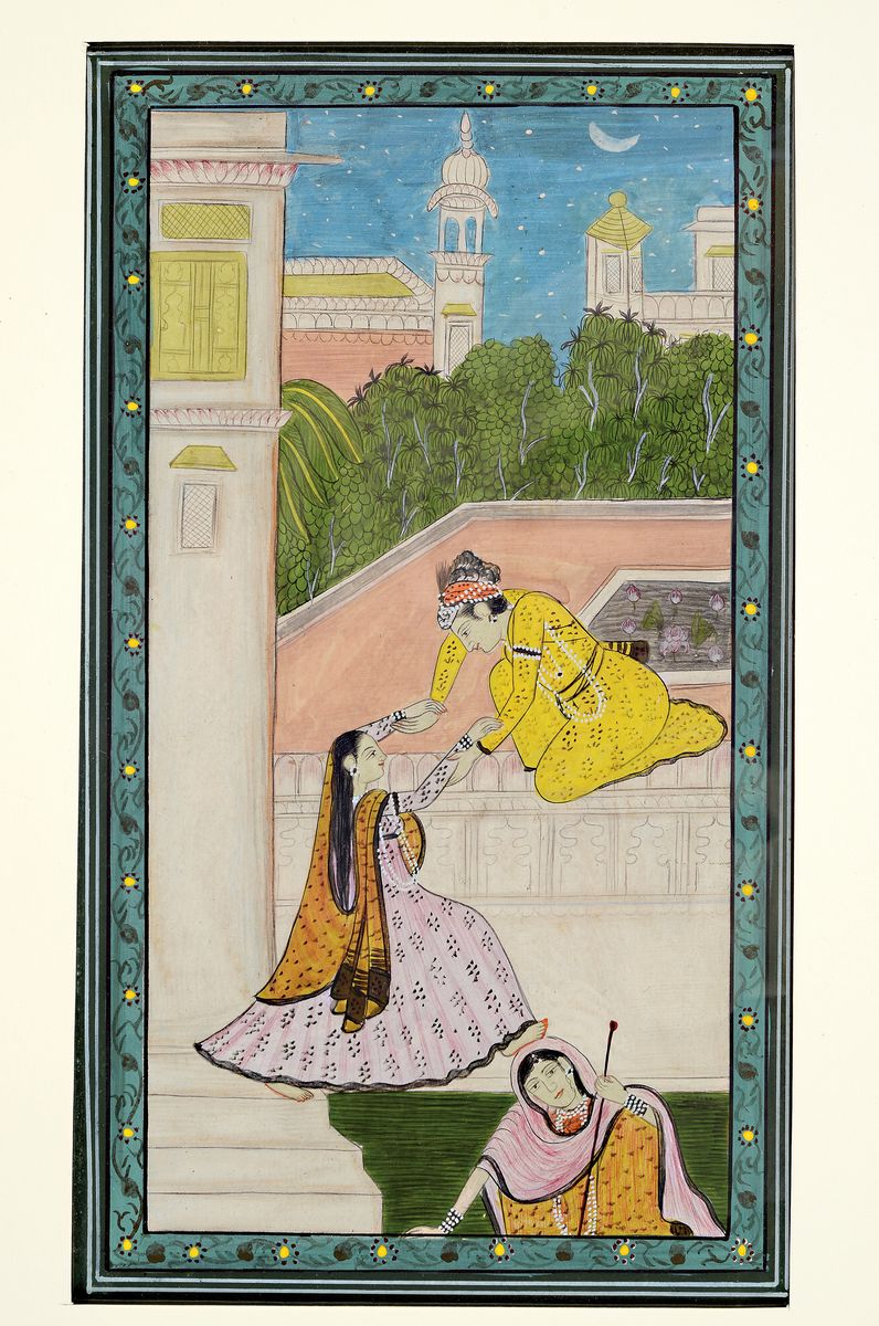 Detail k: 2 Buchmalereien, indo-persisch, 19. Jh., Gouache auf Papier, 1x Palastszene, ca. 26x15 cm, 1x zwei erotische Darstellungen, gebräunt, fleckig, ca. ...