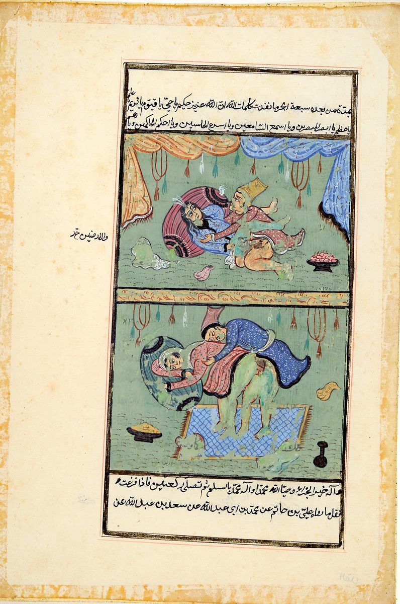 Detail l: 2 Buchmalereien, indo-persisch, 19. Jh., Gouache auf Papier, 1x Palastszene, ca. 26x15 cm, 1x zwei erotische Darstellungen, gebräunt, fleckig, ca. ...
