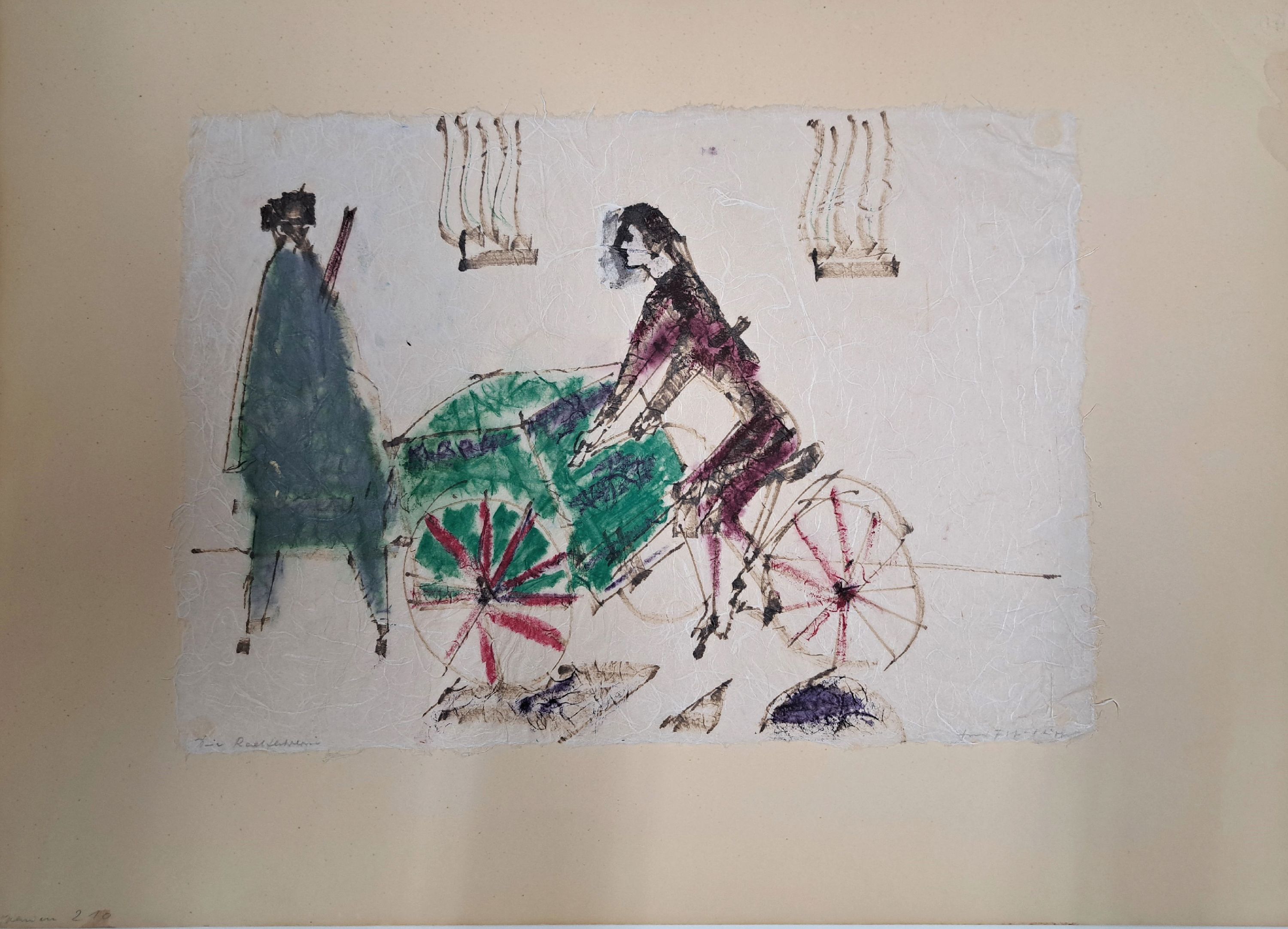 Image 26336464 - Unbekannter zeitgenössischer Künstler, Die Radfahrerin, Aquarell und Filzstift auf ...