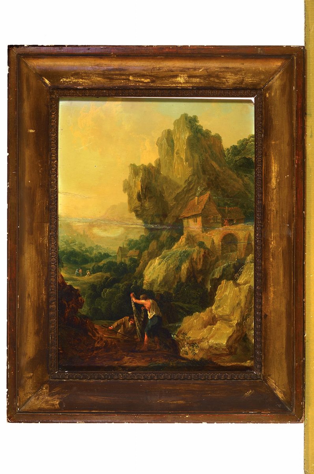 Detail k: Unbekannter Künstler des 17.Jh., zwei Fischer am Gebirgsbach, emporragende Berglandschaft, mittig horizontaler Bruch verklebt u. verzinkt, rest., ...