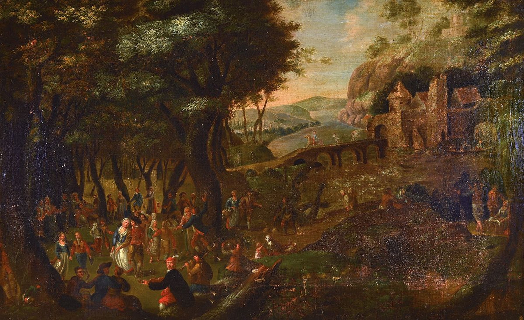 Niederländischer Altmeister, um 1710/1730, Genrebild in typ. altniederländischer Manier, Darst. weltlichen Treibens rund um eine Hochzeit mit Tanz ...