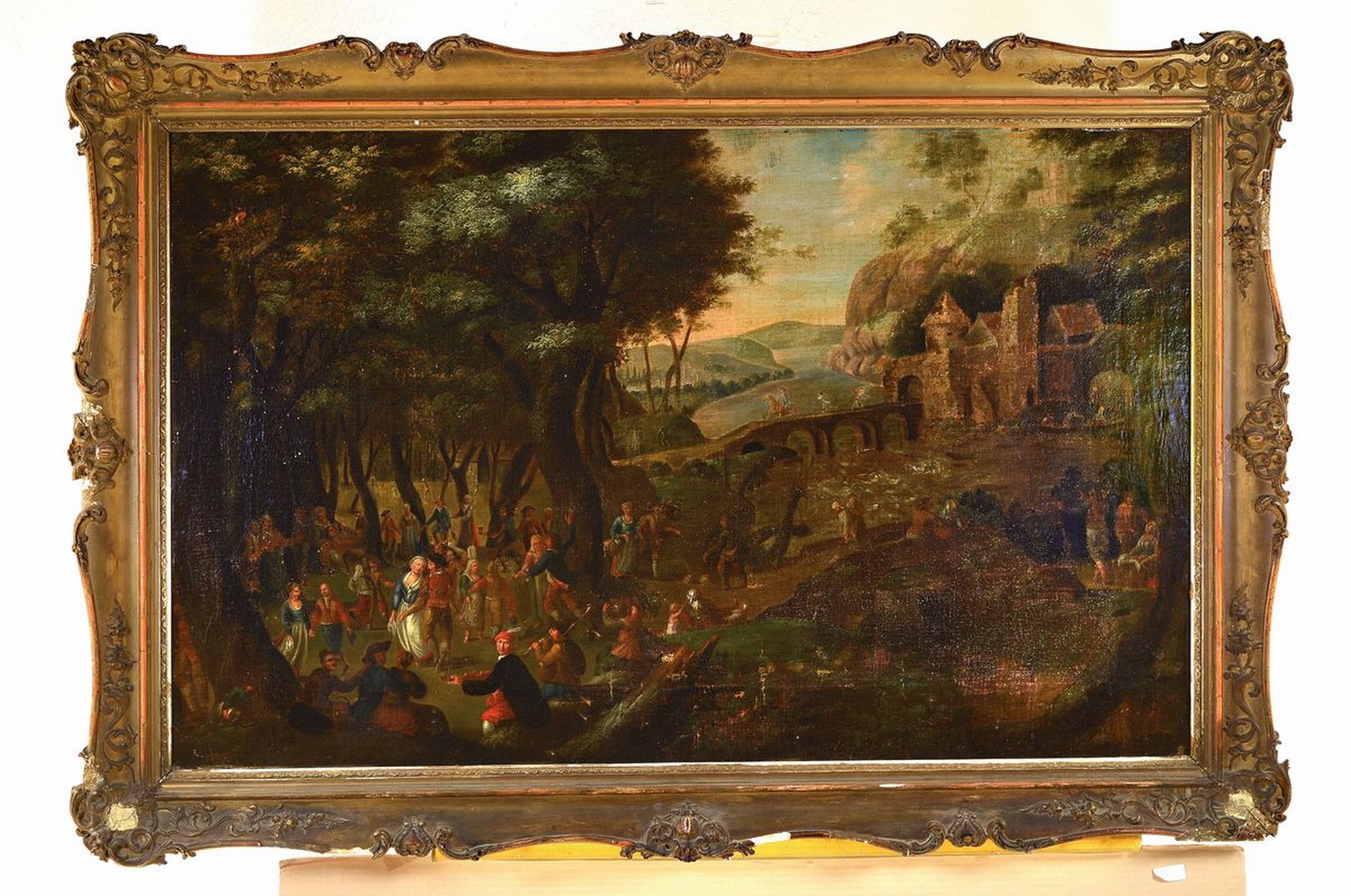 Detail k: Niederländischer Altmeister, um 1710/1730, Genrebild in typ. altniederländischer Manier, Darst. weltlichen Treibens rund um eine Hochzeit mit Tanz ...