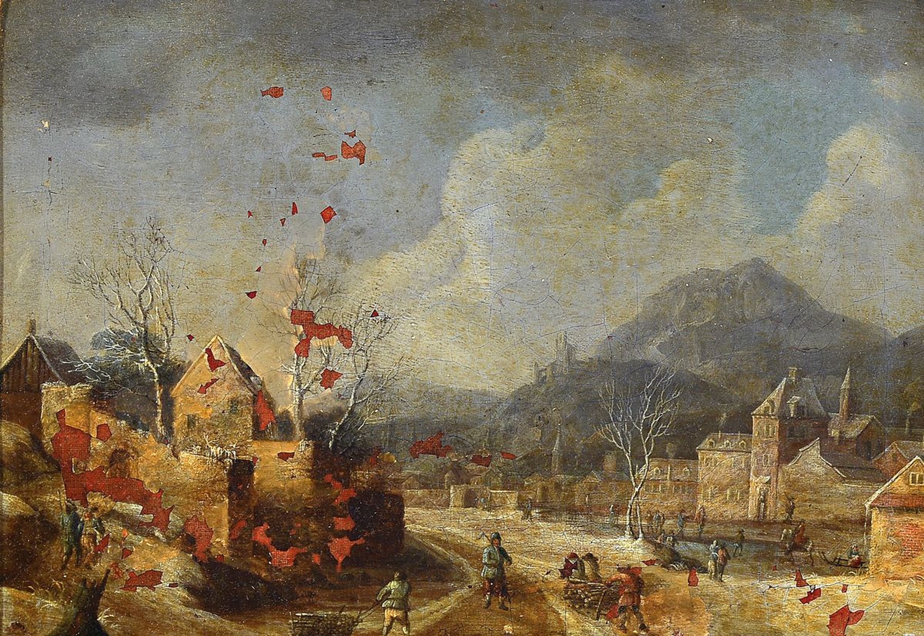 Niederländischer Meister, um 1680/1710, Winterlandschaft mit reicher Personenstaffage und Stadtansicht, stärkere Farbabblätterungen, ...