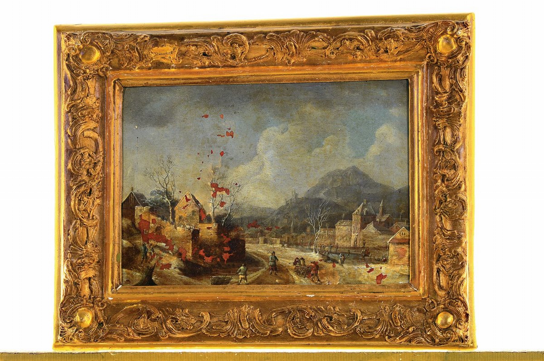 Detail k: Niederländischer Meister, um 1680/1710, Winterlandschaft mit reicher Personenstaffage und Stadtansicht, stärkere Farbabblätterungen, ...