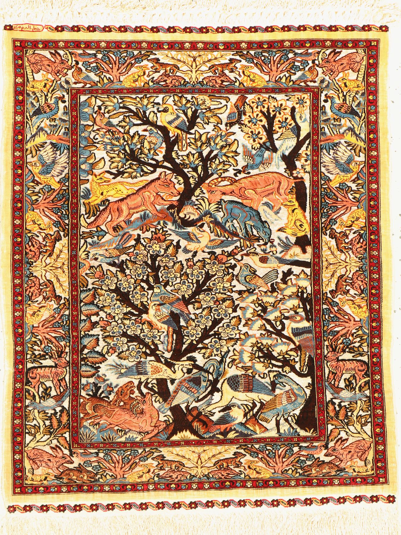 Feiner Seiden Hereke(Metallbroschiert), Signiert, Türkei, um 1960, reine Naturseide, ca. 83 x 67 cm, ca. 1 Mio Kn/qm, EHZ: 2(guter Zustand).