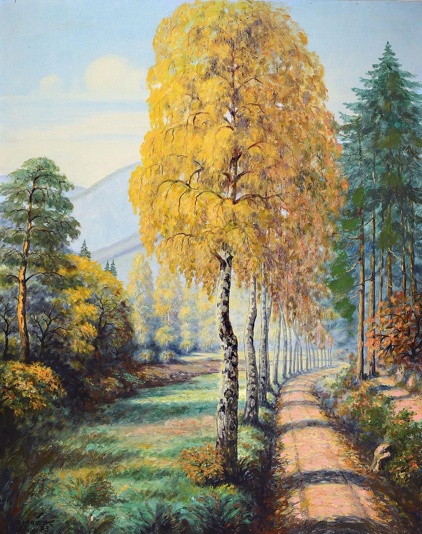 P. Heieck, datiert (19)73, herbstliche Landschaft, in die Tiefe fluchtender Weg von Birken bestanden, links unten signiert u. datiert 73, ...