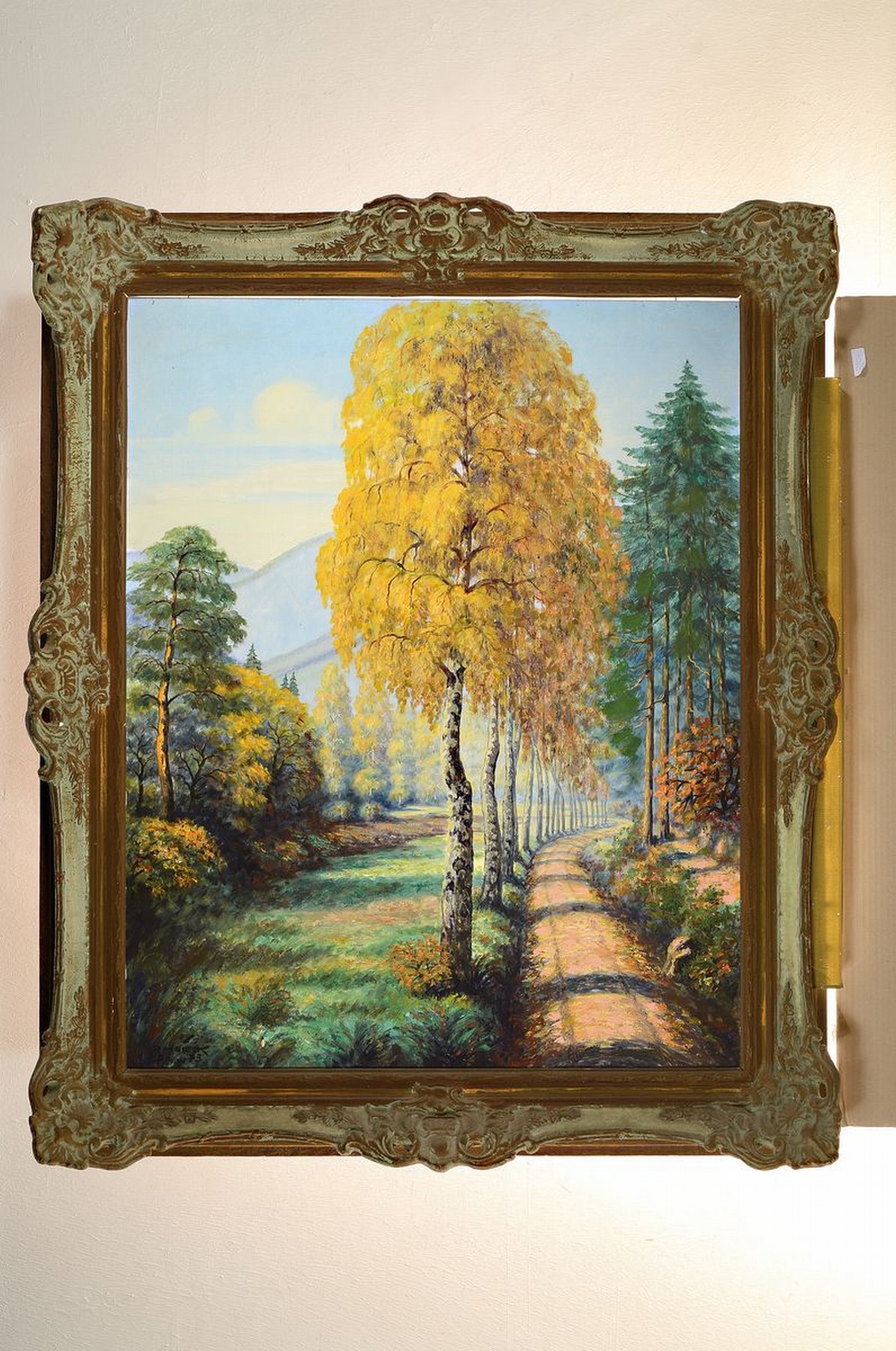 Detail k: P. Heieck, datiert (19)73, herbstliche Landschaft, in die Tiefe fluchtender Weg von Birken bestanden, links unten signiert u. datiert 73, ...