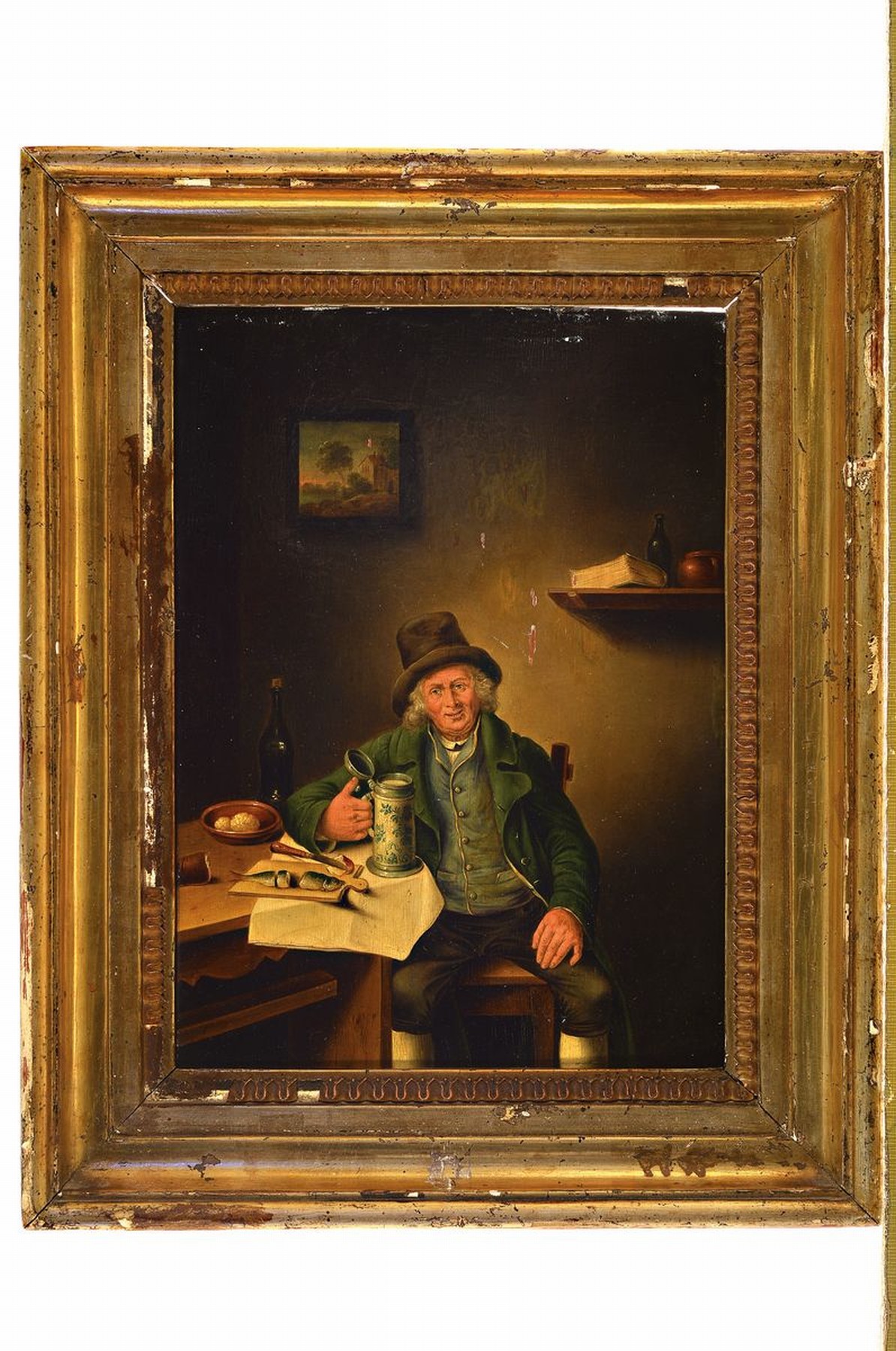 Detail k: Thirfelder, deutsch, um 1820/30, Brotzeit mit Walzenkrug, gekonnte Wiedergabe von Mimik u. Details, Öl/Holz, rechts unten signiert, rest., R., ca. ...