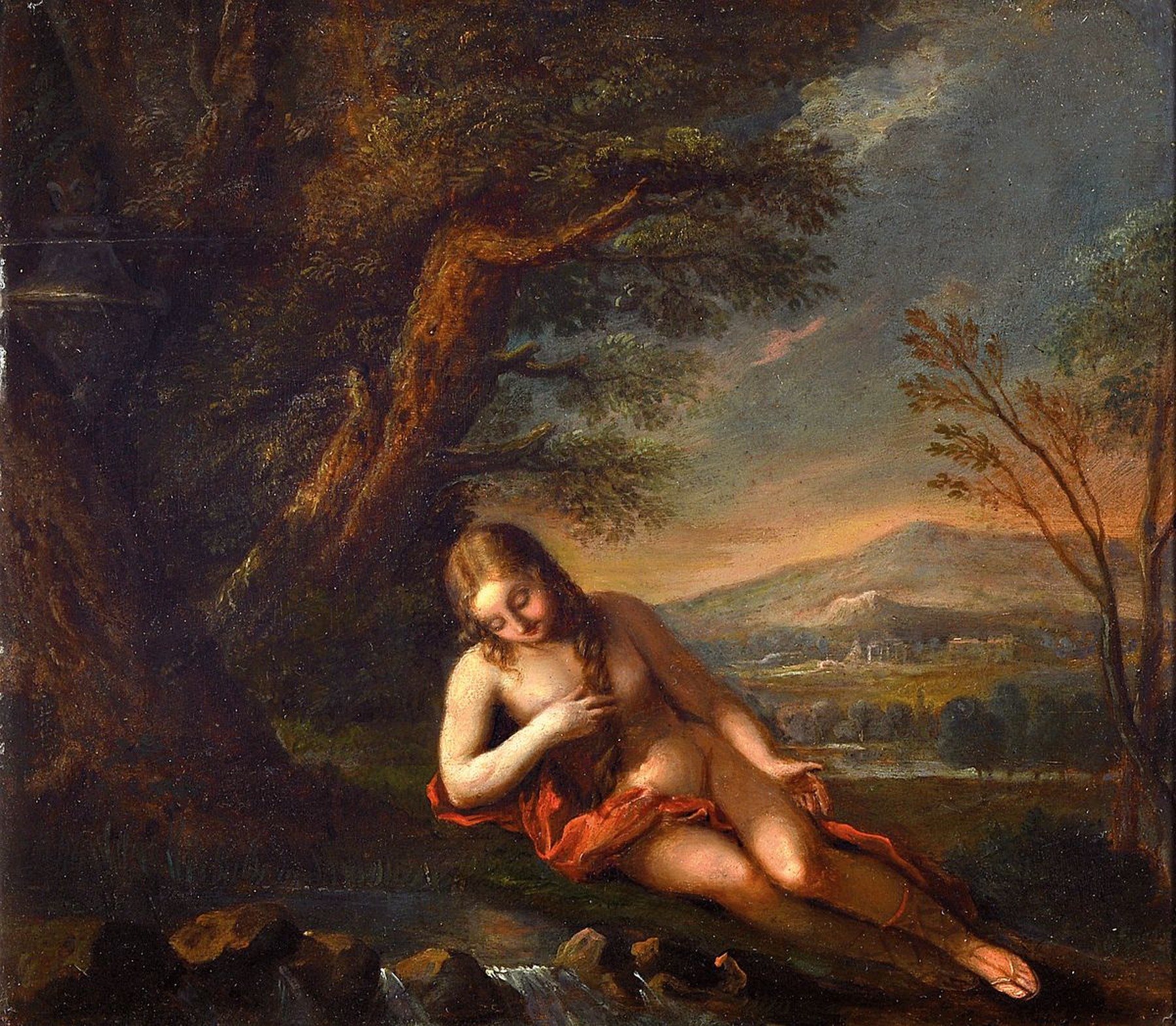 wohl niederländischer Meister, um 1680 - 1720, Badende ihr Spiegelbild im Fluss betrachtend, rechts der offene Blick in eine arkadische Landschaft, ...