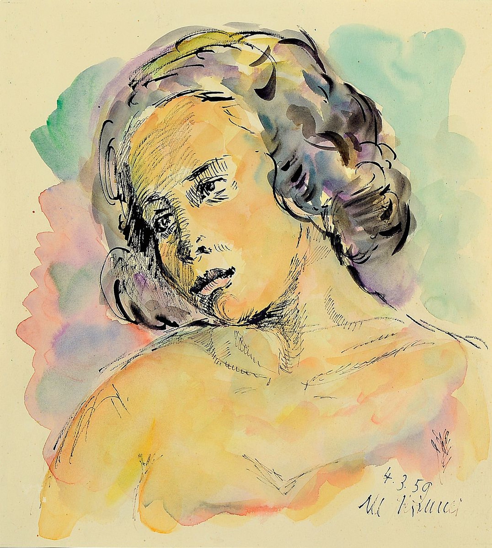 Michaela Krinner, 1915 - 2006, Aquarell und aquarellierter Linolschnitt, a. Aquarell, Porträt einer jungen Frau mit dunklem Haar, li. u. signiert, ...