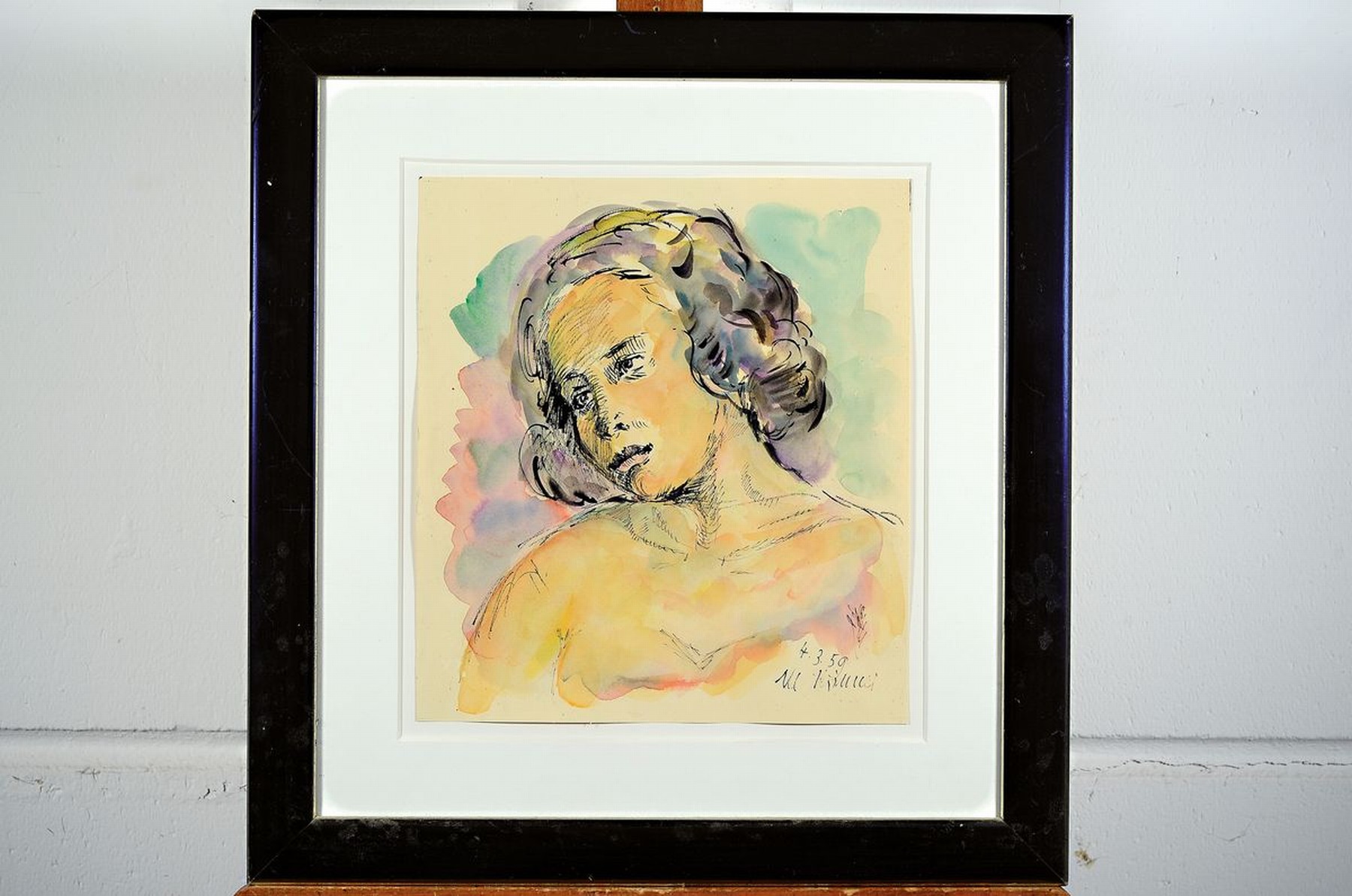 Detail k: Michaela Krinner, 1915 - 2006, Aquarell und aquarellierter Linolschnitt, a. Aquarell, Porträt einer jungen Frau mit dunklem Haar, li. u. signiert, ...