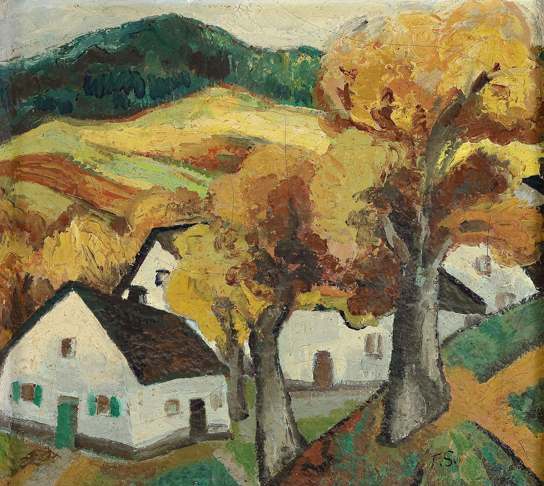 Fritz Schaefler, 1888 Eschau/Spessart - 1954 Köln, Dorfansicht, expressiv-gestische Auffassung, pastoser Farbauftrag mit breitem Strich, Öl/Lwd, ...
