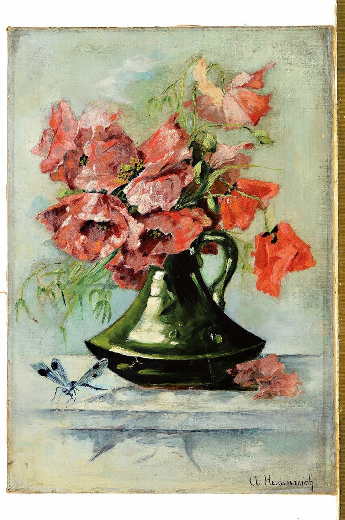 Detail k: A. Heidenreich, um 1900/10, Stillleben mit Mohnblumen in grüner Vase, im Vordergrund Libelle, Öl/Lwd, l. Alters- und Gebr.-schäden, 47 x 33 cm, l. ...